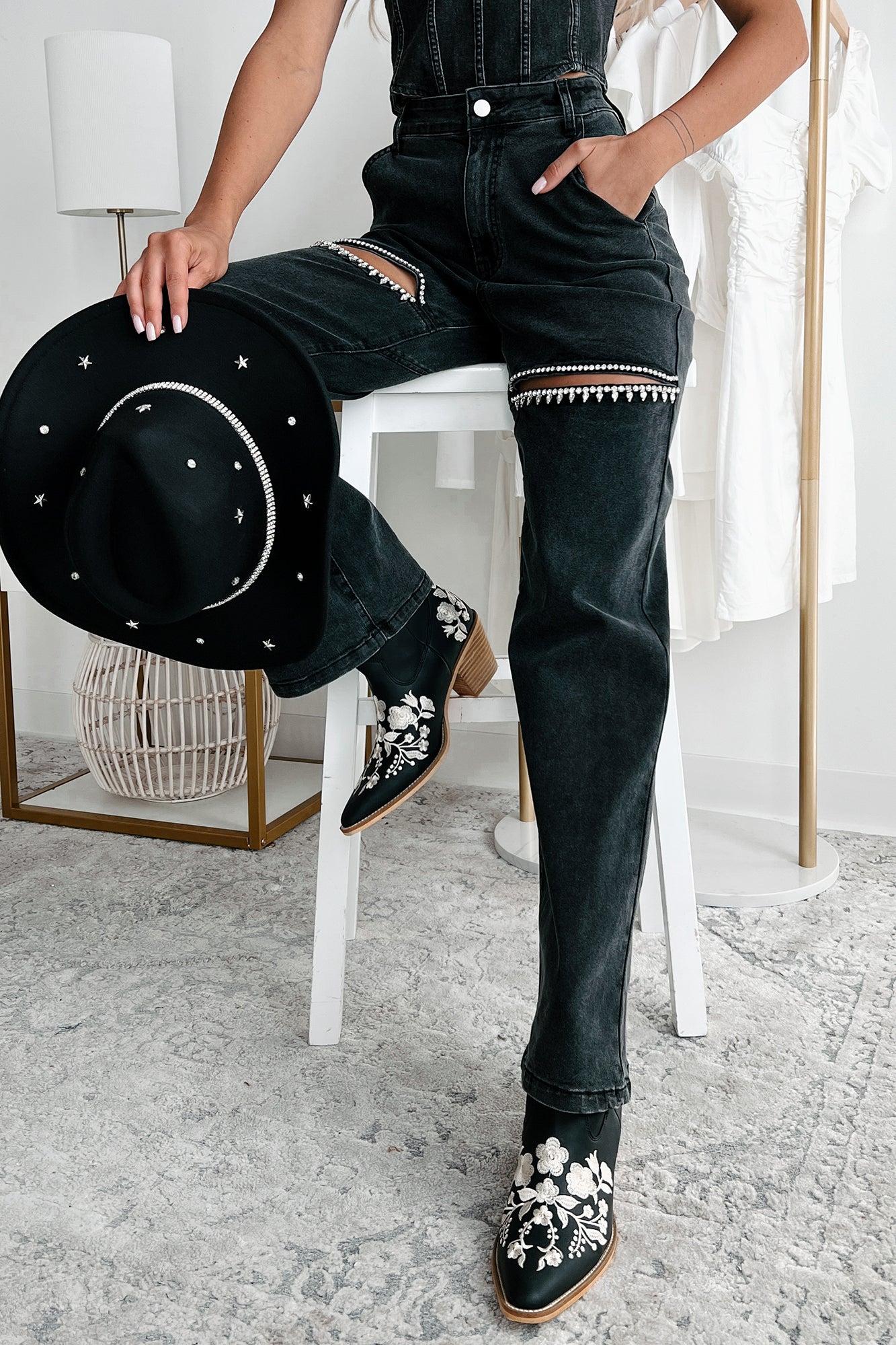 Blowing Your Mind Slit-Front Wide Leg Rhinestone Jeans (Black)-The Formal Wear