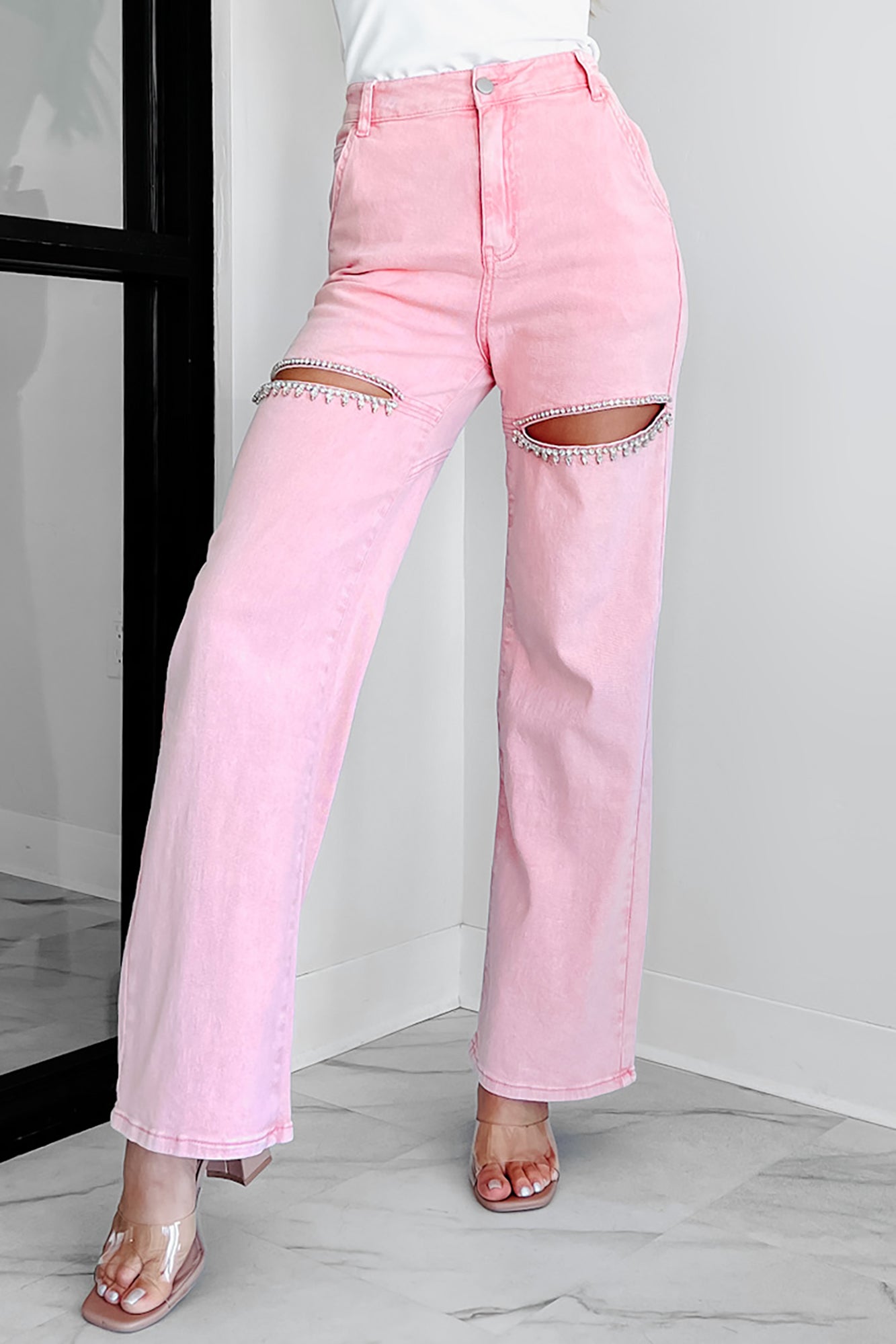 Blowing Your Mind Slit-Front Wide Leg Rhinestone Jeans (Pink)-The Formal Wear