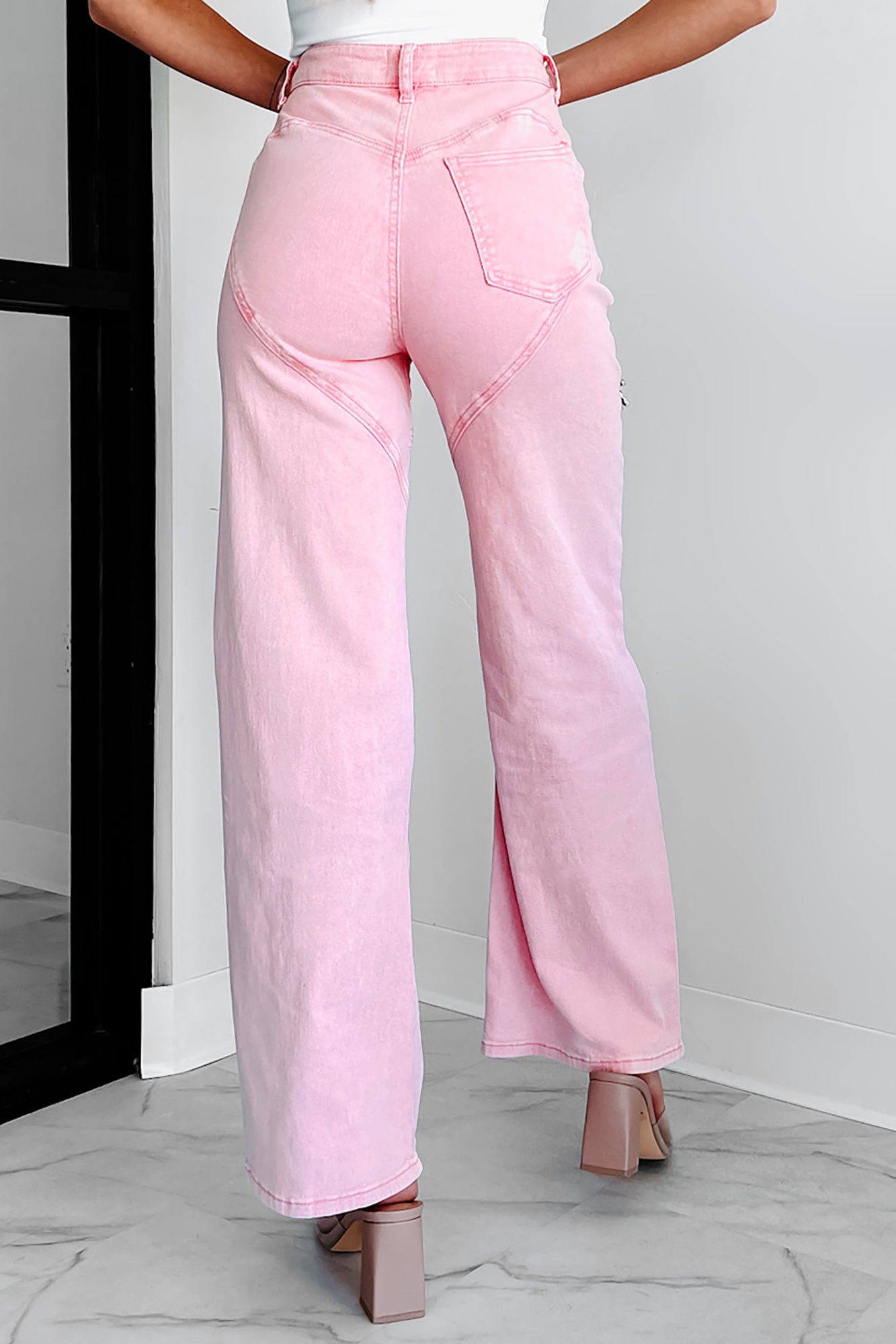 Blowing Your Mind Slit-Front Wide Leg Rhinestone Jeans (Pink)-The Formal Wear