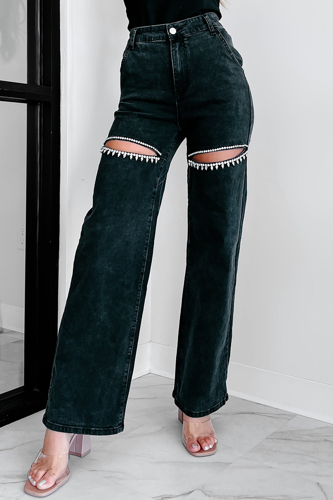 Blowing Your Mind Slit-Front Wide Leg Rhinestone Jeans (Black)-The Formal Wear