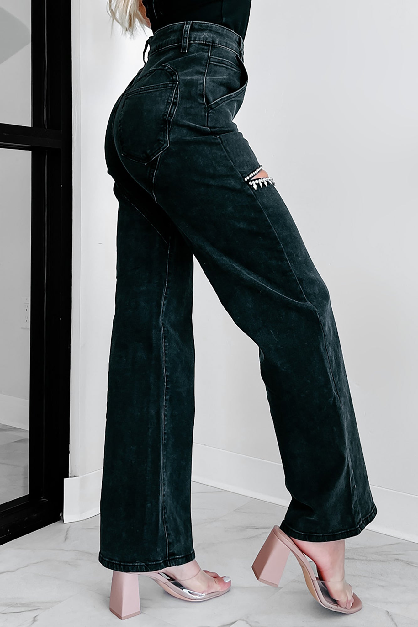 Blowing Your Mind Slit-Front Wide Leg Rhinestone Jeans (Black)-The Formal Wear