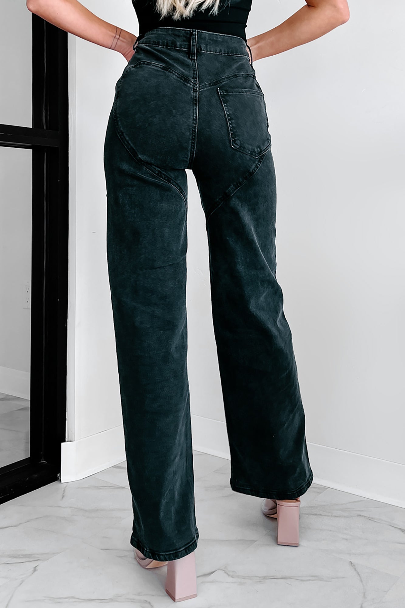 Blowing Your Mind Slit-Front Wide Leg Rhinestone Jeans (Black)-The Formal Wear