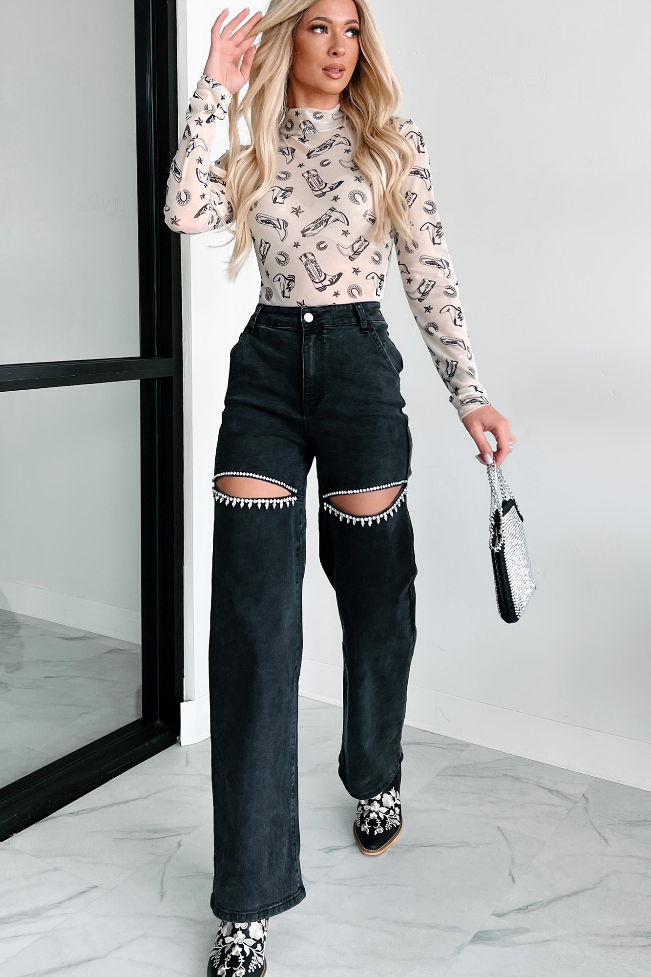 Blowing Your Mind Slit-Front Wide Leg Rhinestone Jeans (Black)-The Formal Wear