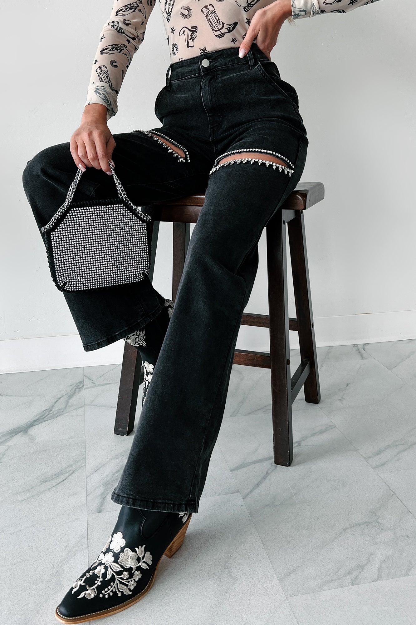 Blowing Your Mind Slit-Front Wide Leg Rhinestone Jeans (Black)-The Formal Wear