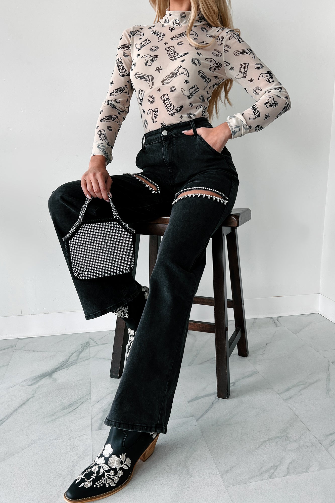 Blowing Your Mind Slit-Front Wide Leg Rhinestone Jeans (Black)-The Formal Wear