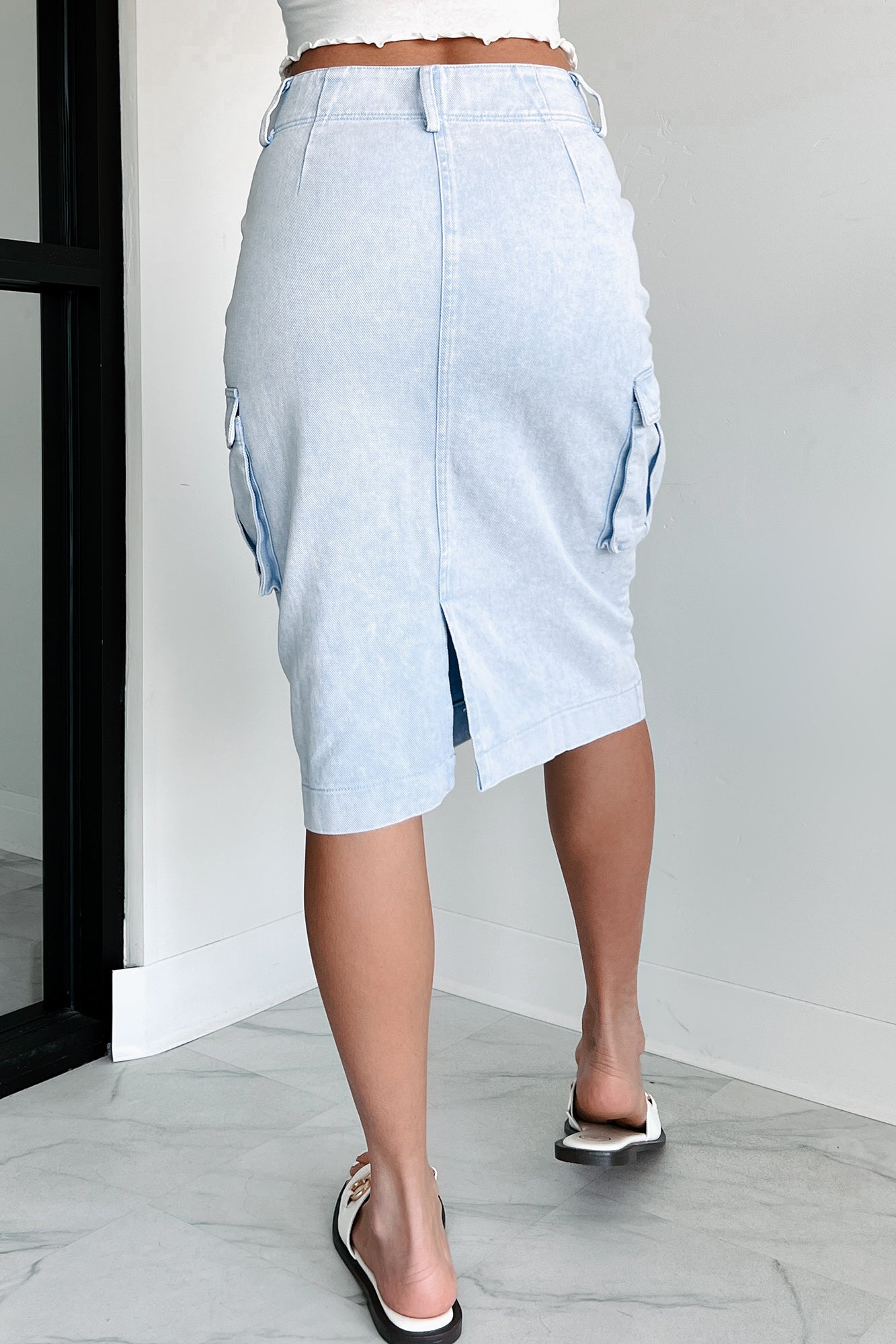 Trendy Locations Denim Wash Cargo Midi Skirt (Blue)-The Formal Wear