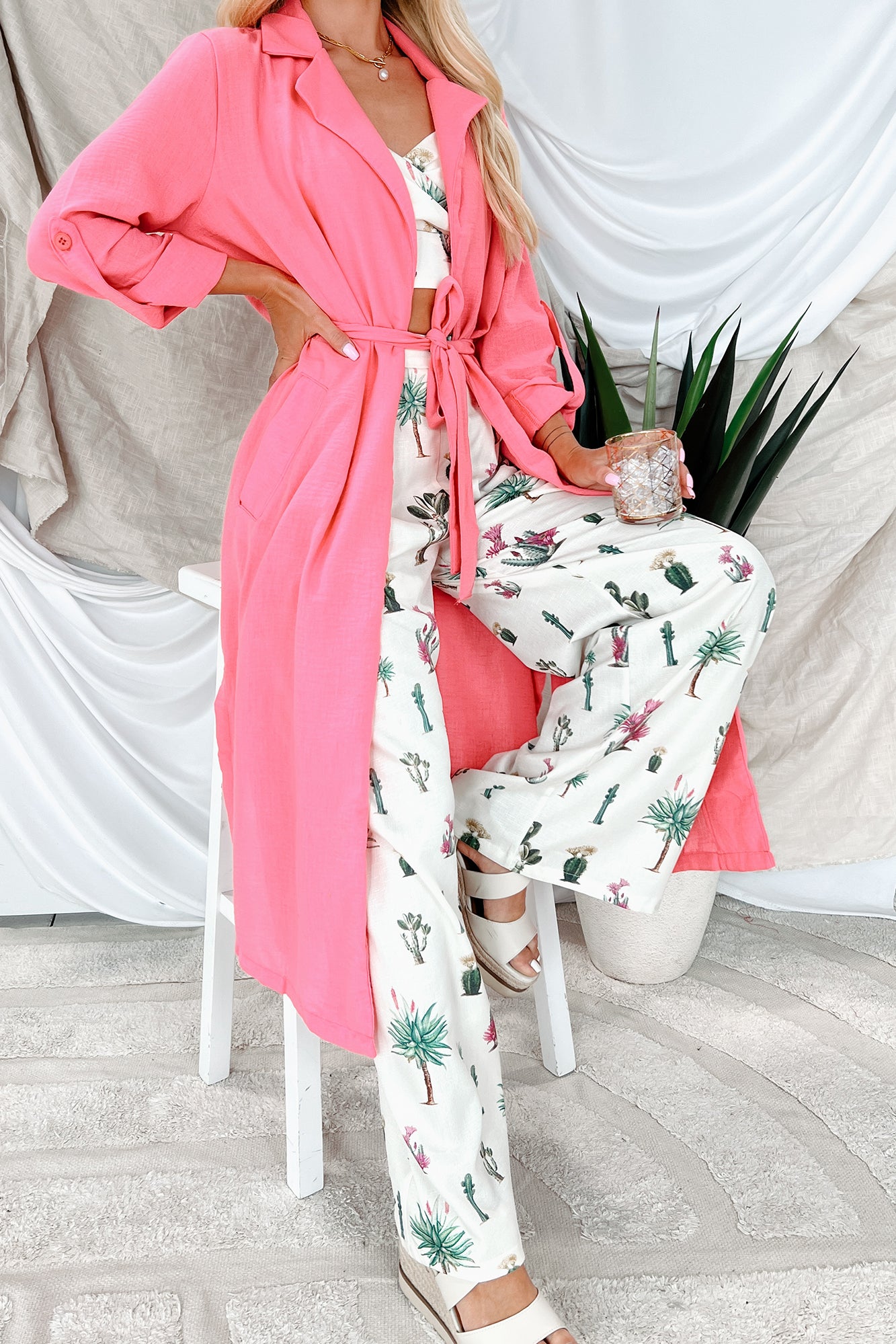 Live Colorfully Tie-Waist Linen Trench Coat (Hot Pink)-The Formal Wear