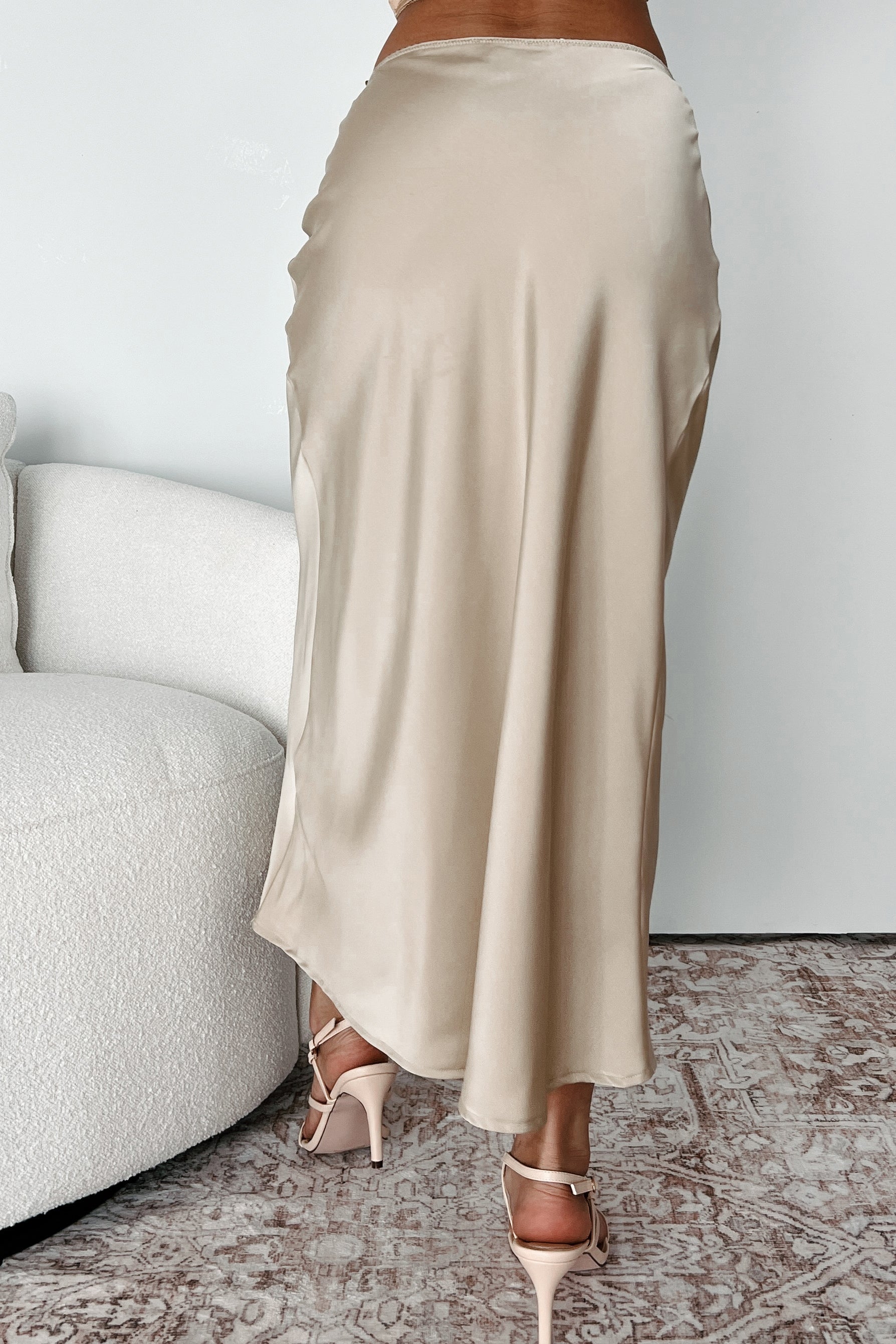 Chic Endeavors Satin Midi Skirt (Champagne)-The Formal Wear