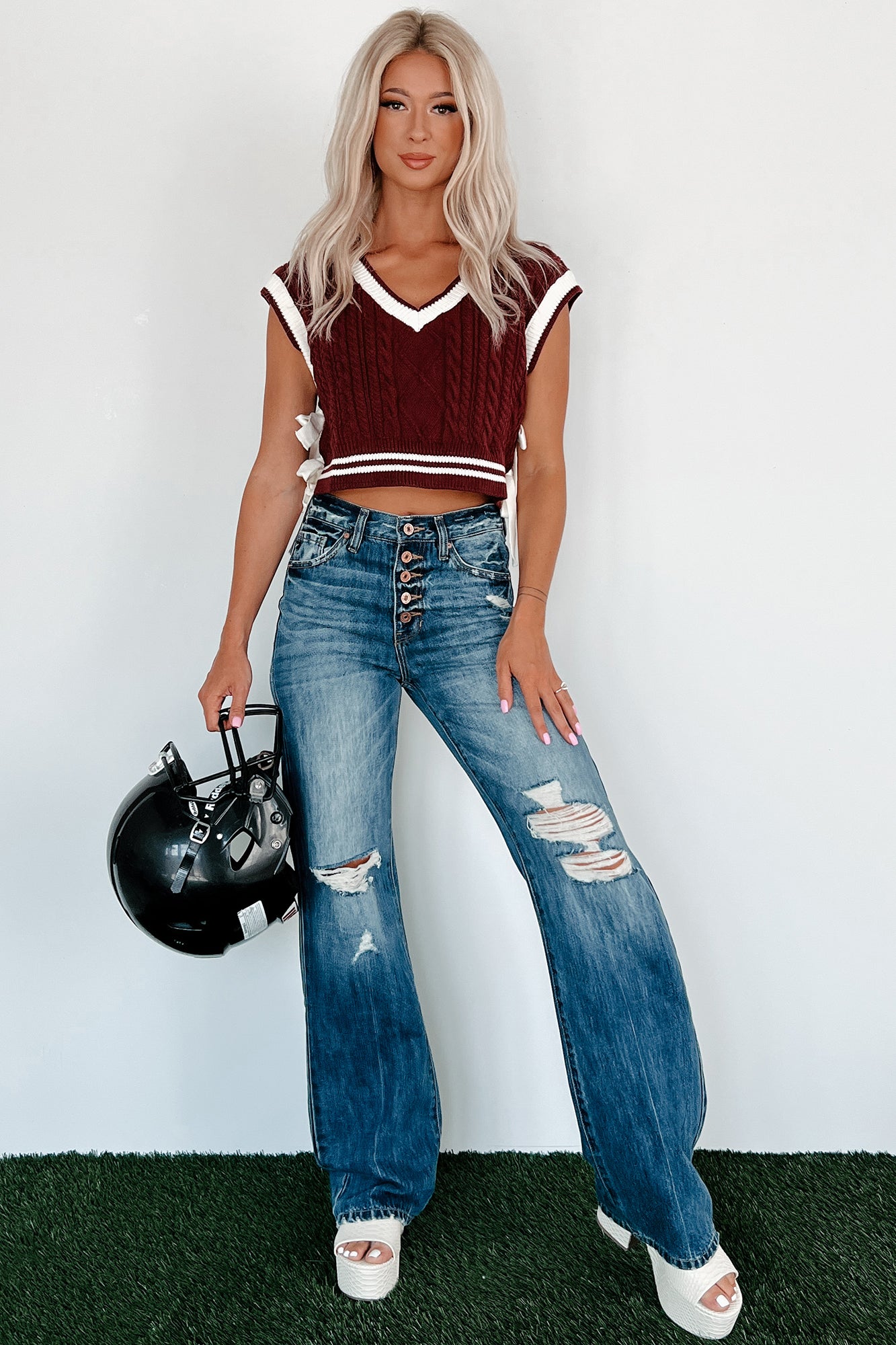 Better Take Notes Side Tie Sweater Vest (Maroon/White)-The Formal Wear