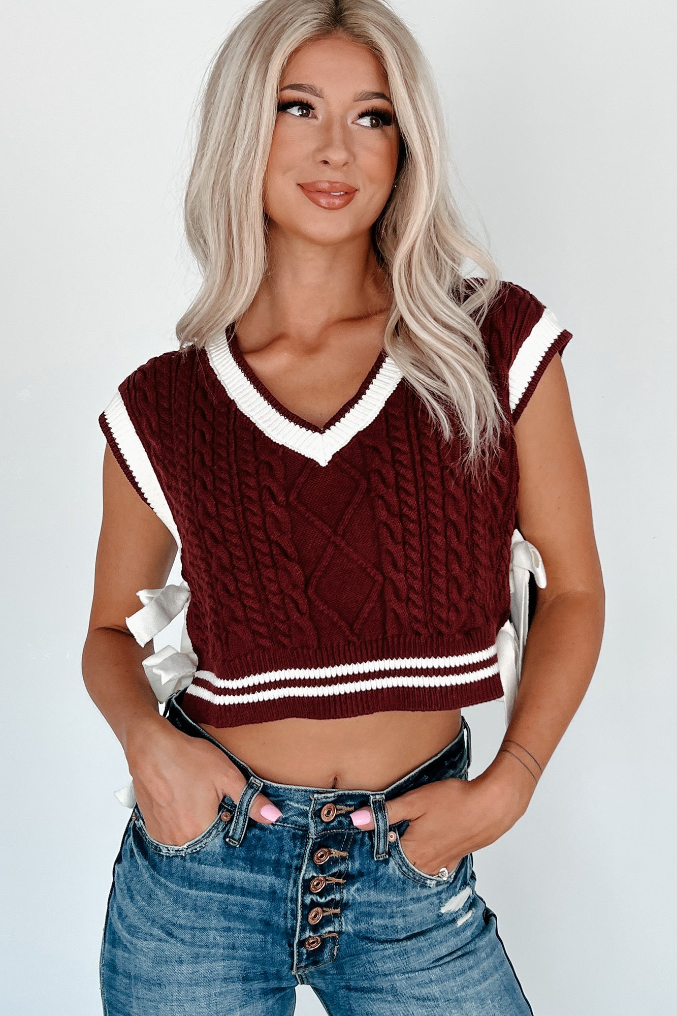 Better Take Notes Side Tie Sweater Vest (Maroon/White)-The Formal Wear