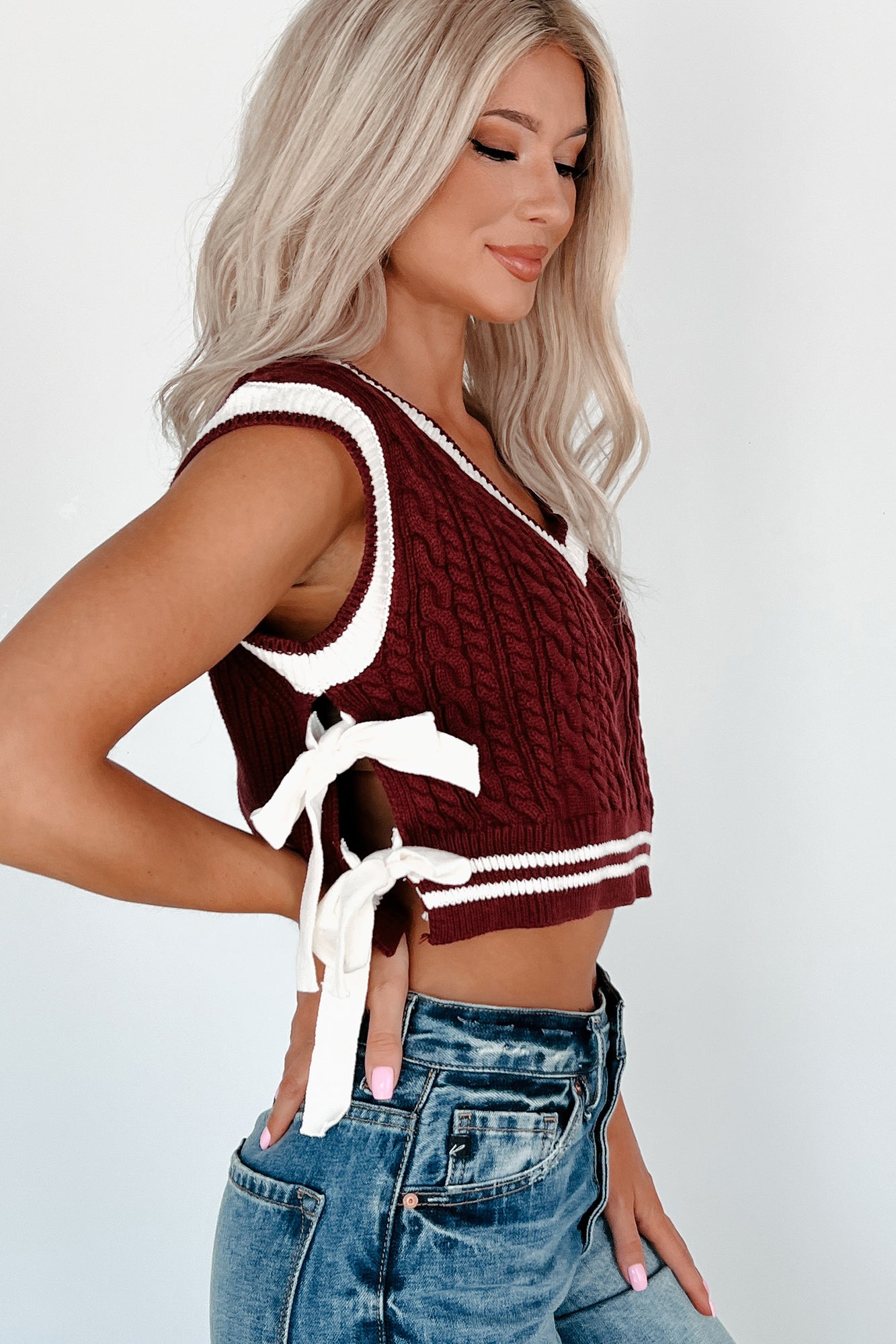 Better Take Notes Side Tie Sweater Vest (Maroon/White)-The Formal Wear