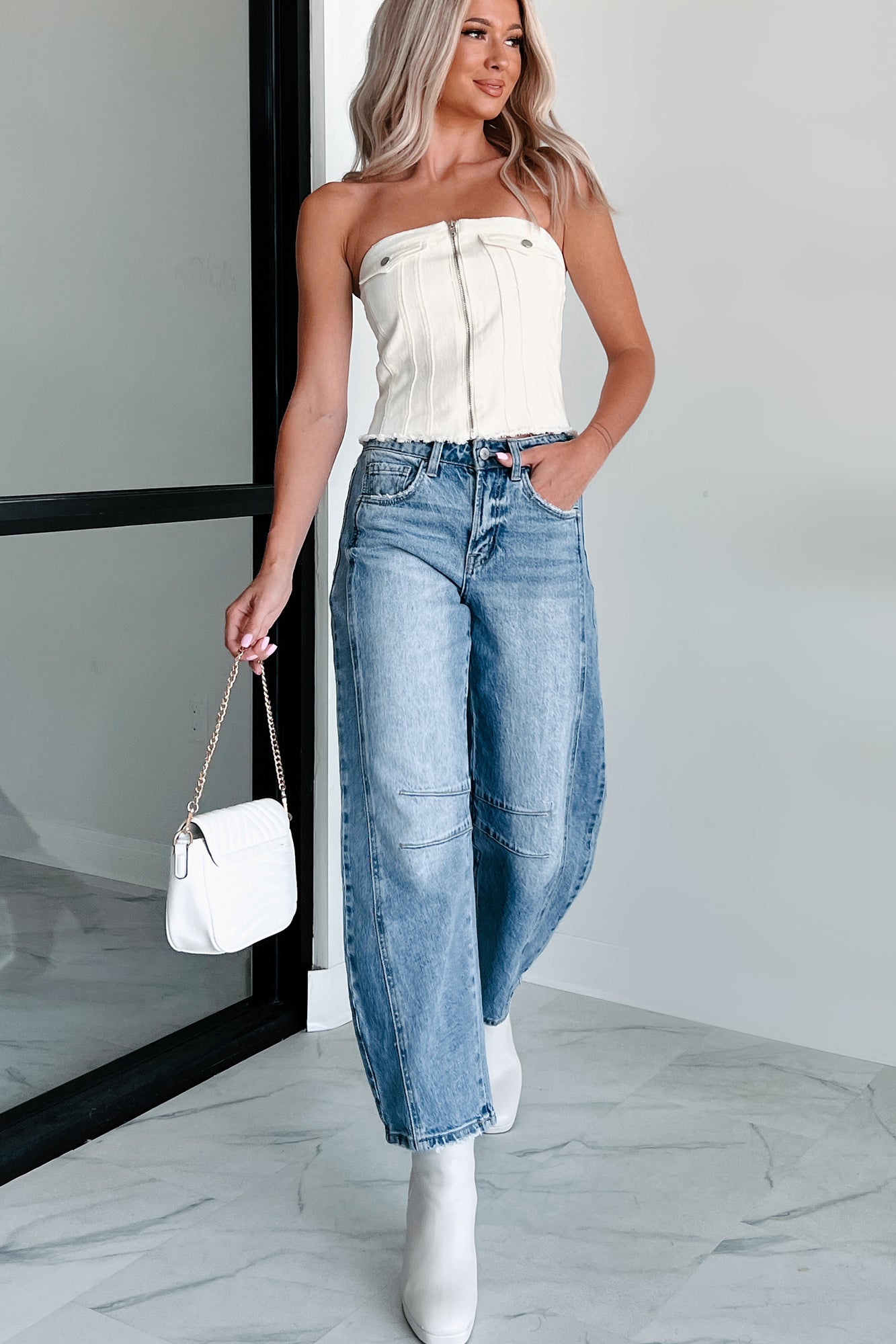 In Too Deep Zip-Front Denim Tube Top (Cream)-The Formal Wear