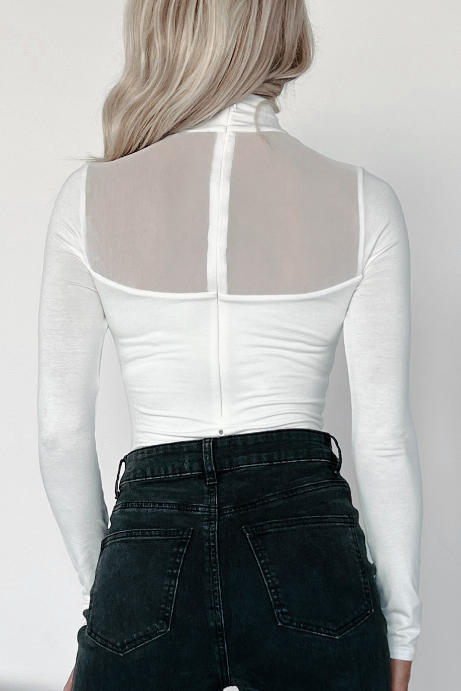 Sultry Persona Mock Neck Mesh Detail Bodysuit (Ivory)-The Formal Wear