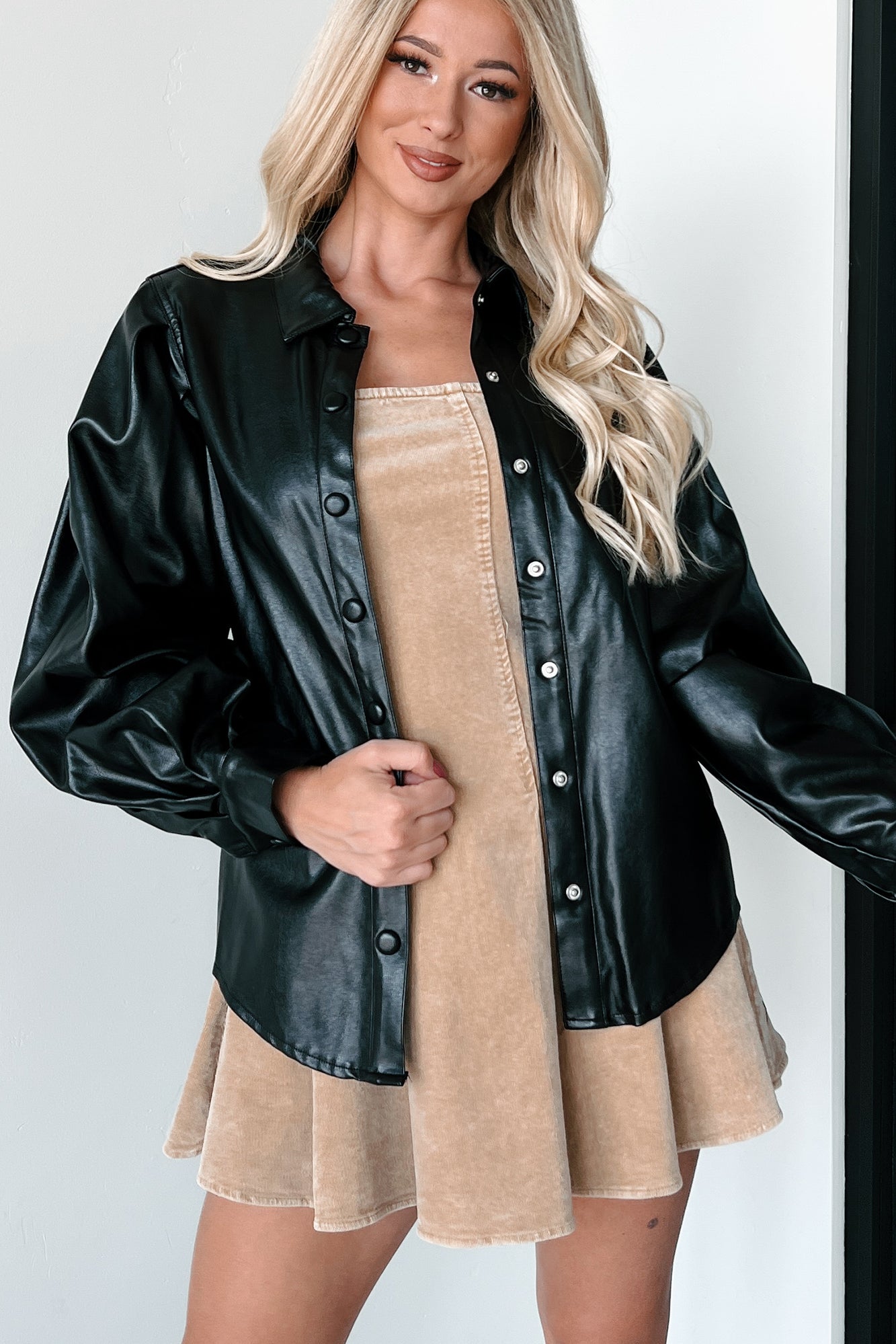 Adding Complications Faux Leather Shacket (Black)-The Formal Wear