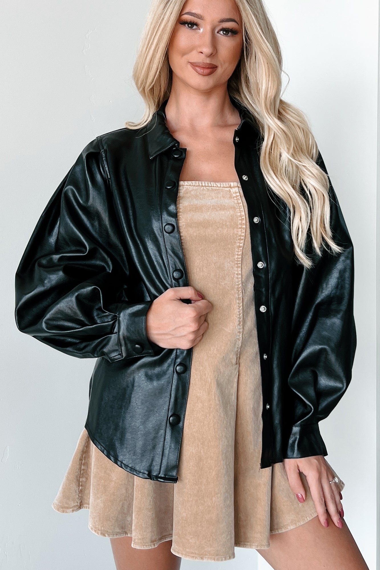 Adding Complications Faux Leather Shacket (Black)-The Formal Wear