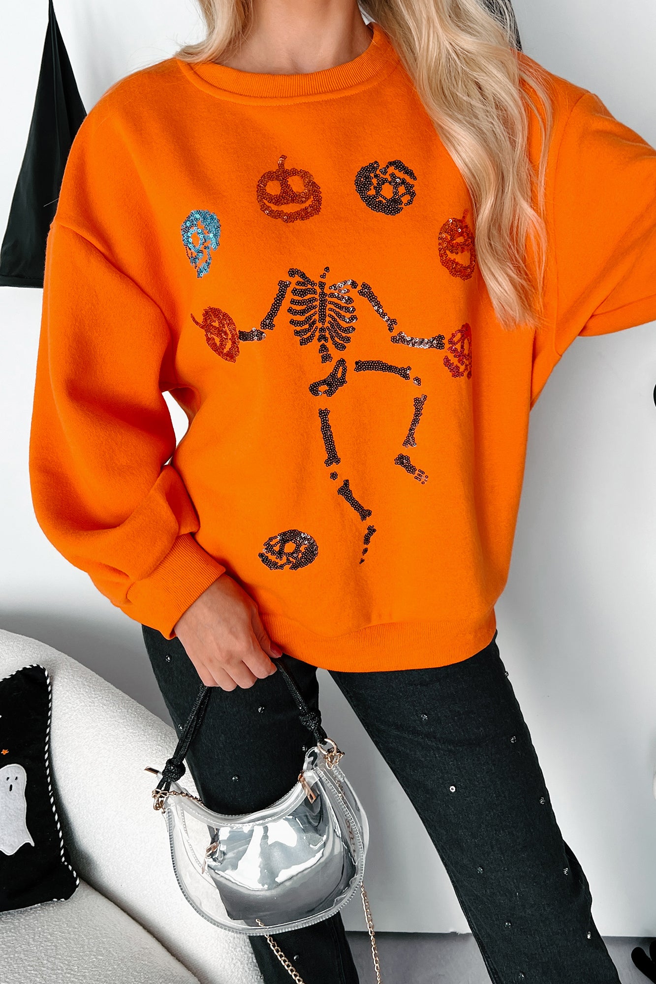 Dancing Critters Sequin Halloween Crewneck (Pumpkin)-The Formal Wear