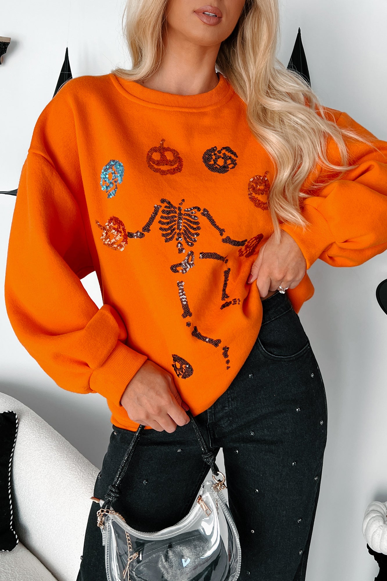 Dancing Critters Sequin Halloween Crewneck (Pumpkin)-The Formal Wear