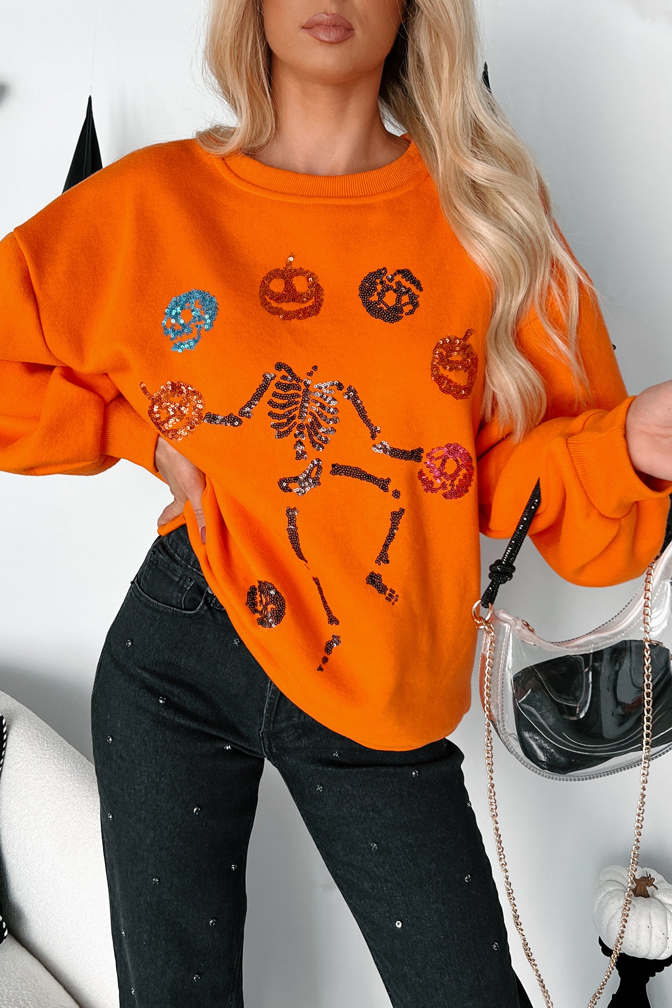 Dancing Critters Sequin Halloween Crewneck (Pumpkin)-The Formal Wear