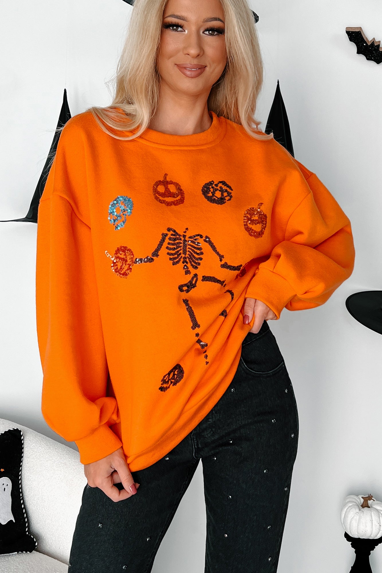 Dancing Critters Sequin Halloween Crewneck (Pumpkin)-The Formal Wear