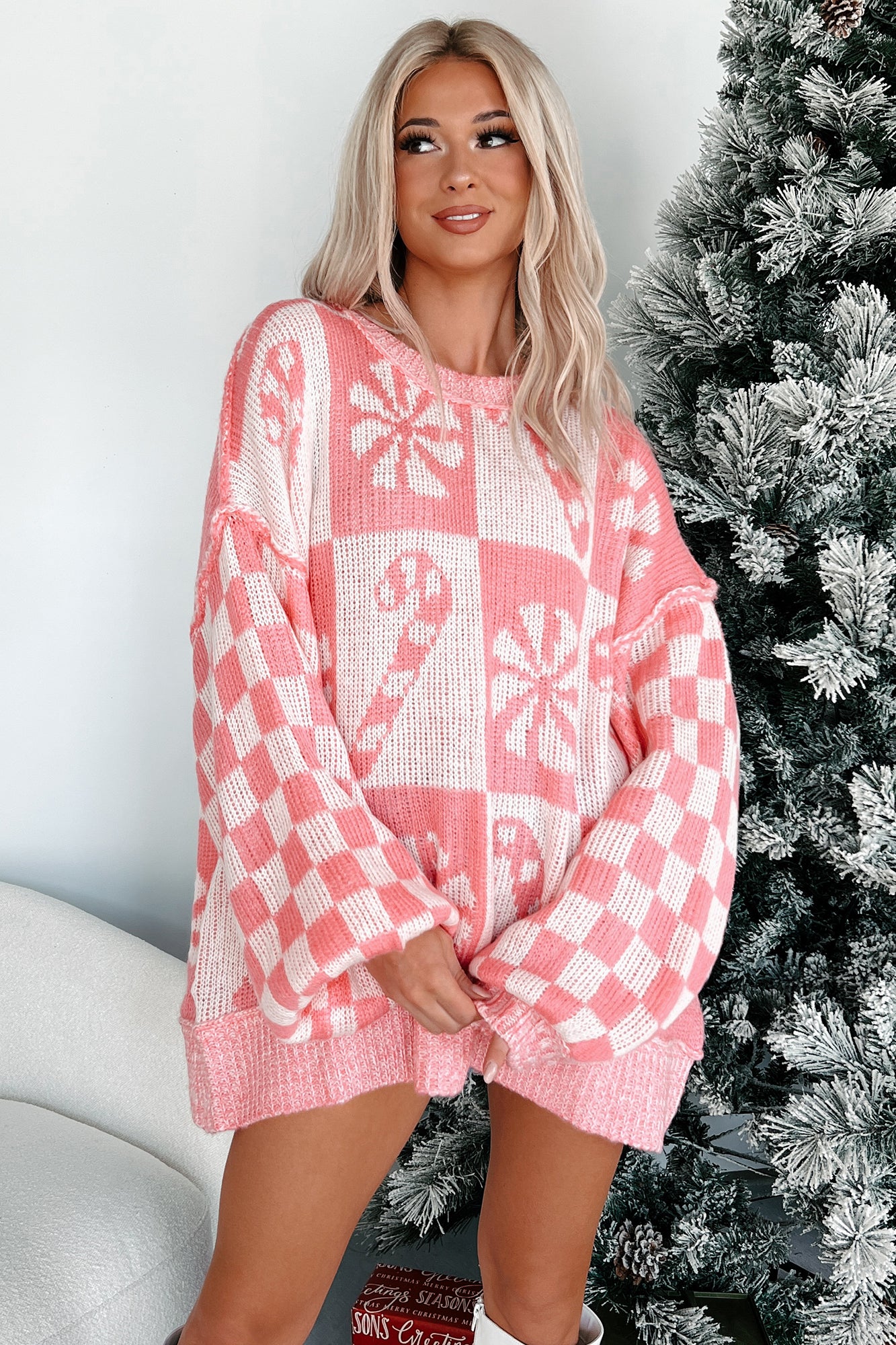 Holiday Sweets Checkered Sleeve Holiday Sweater (Pink)-The Formal Wear