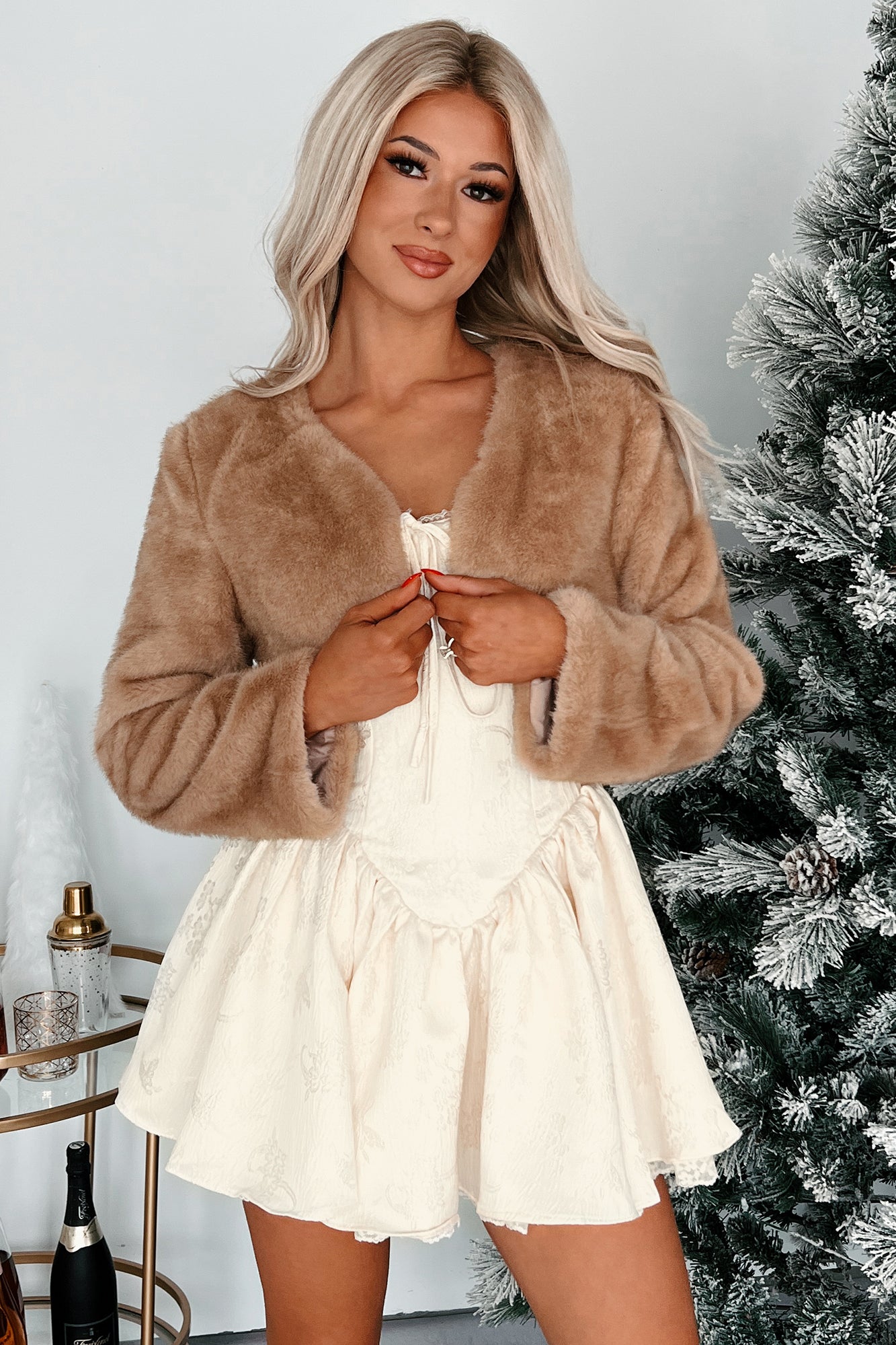 Ready Fur Tonight Faux Fur Crop Jacket (Camel)-The Formal Wear