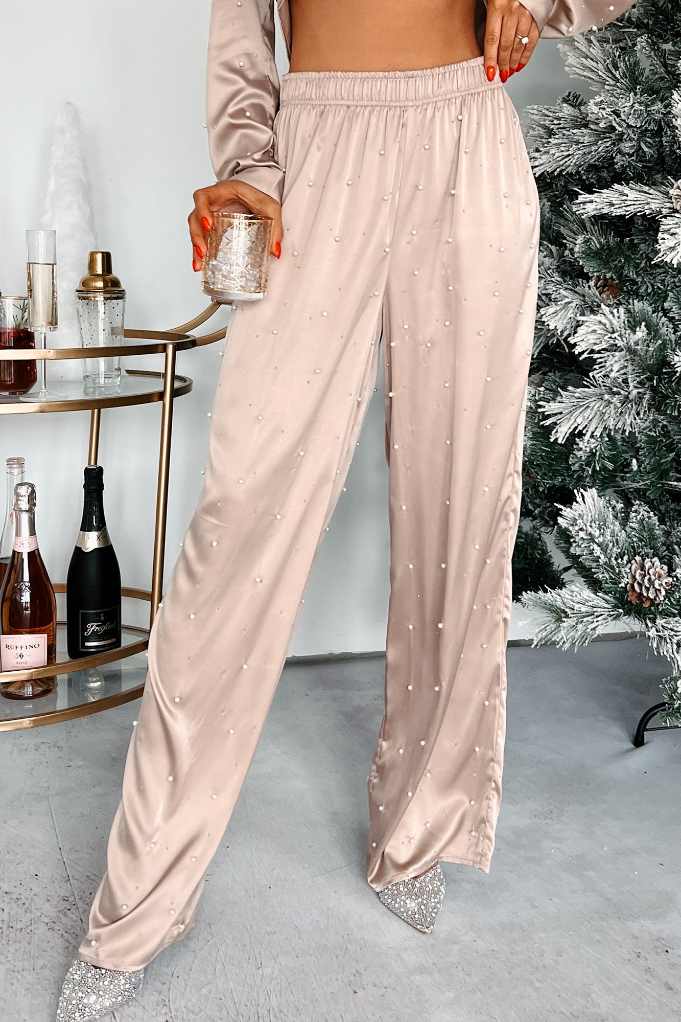 Twinkling Memories Pearl Satin Wide Leg Pants (Taupe)-The Formal Wear