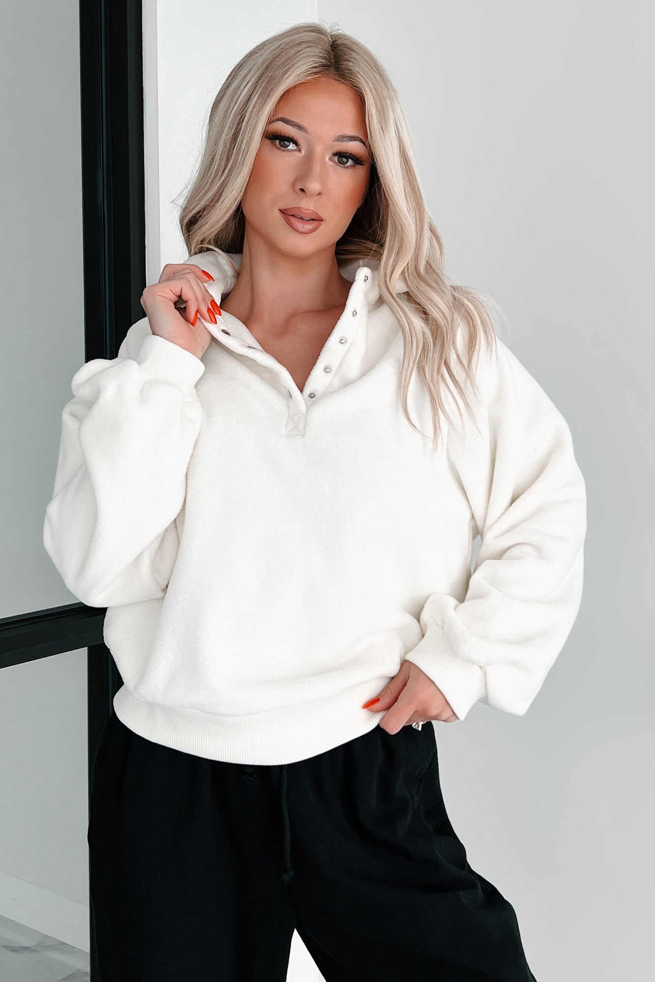 Working Remotely Fleece Pullover Top (Cream)-The Formal Wear