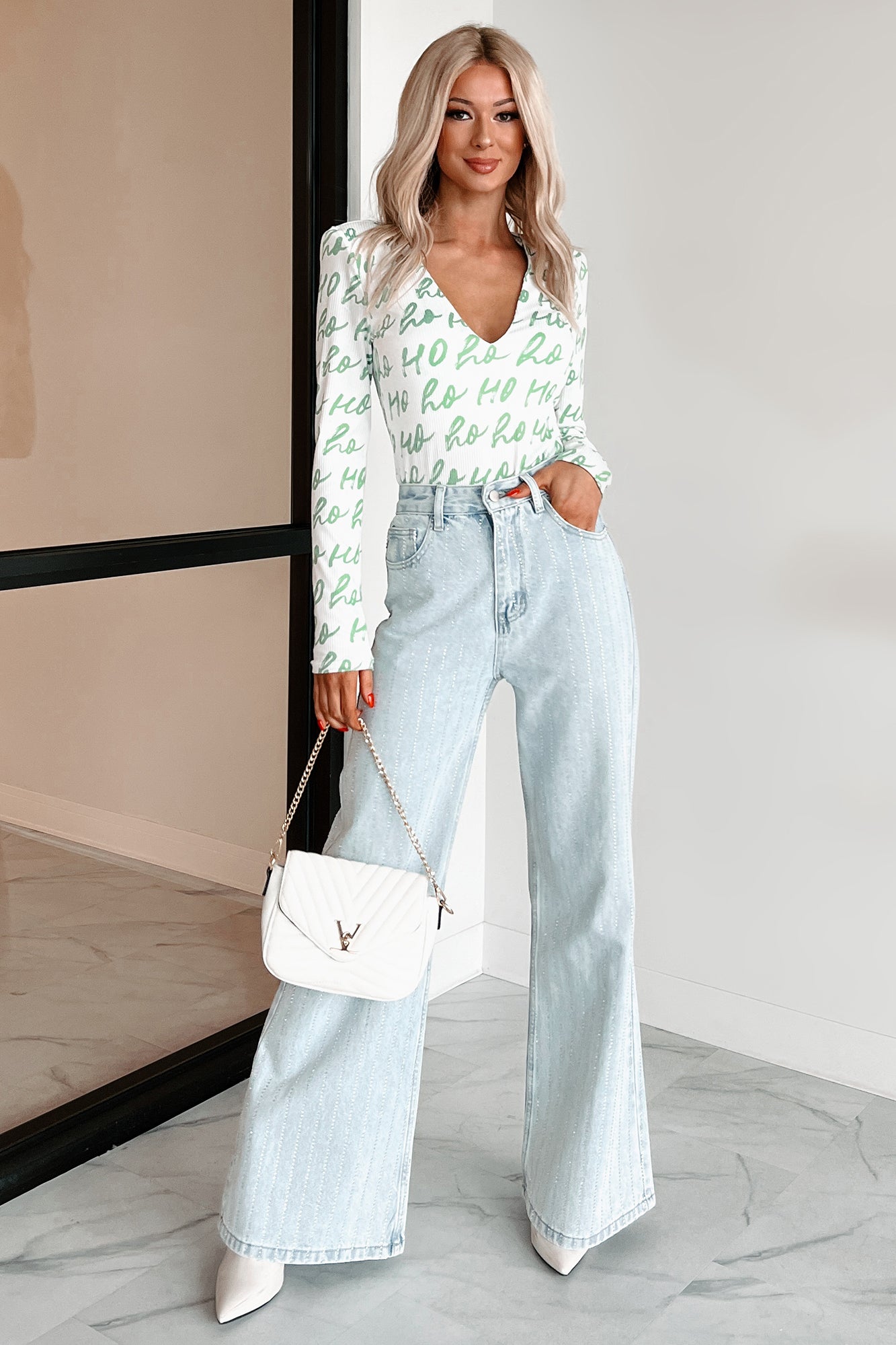 PREORDER Dear Santa TheFormalWear Original Printed V-Neck Bodysuit (White/Green) - Ships by 12/2-The Formal Wear