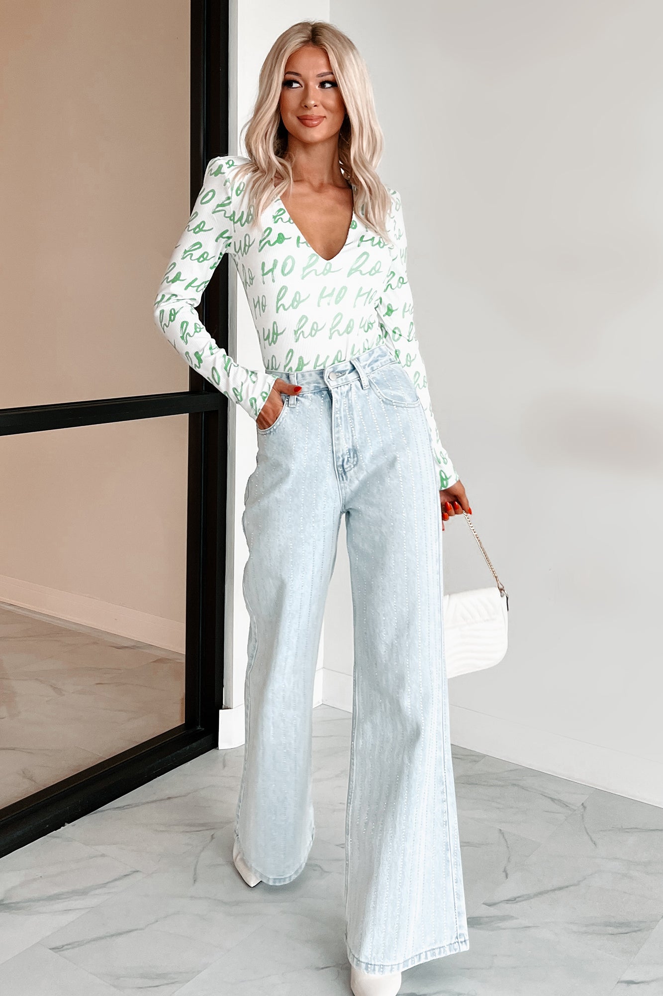 PREORDER Dear Santa TheFormalWear Original Printed V-Neck Bodysuit (White/Green) - Ships by 12/2-The Formal Wear