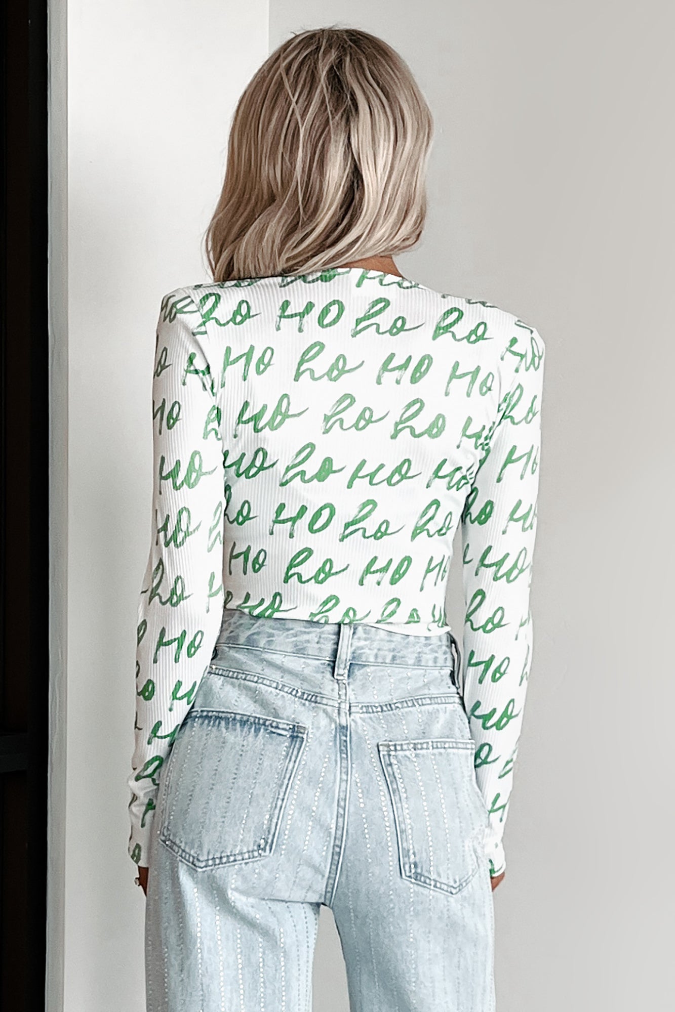 PREORDER Dear Santa TheFormalWear Original Printed V-Neck Bodysuit (White/Green) - Ships by 12/2-The Formal Wear