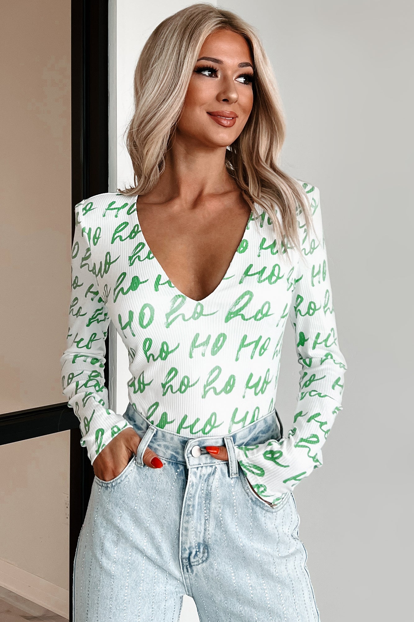 PREORDER Dear Santa TheFormalWear Original Printed V-Neck Bodysuit (White/Green) - Ships by 12/2-The Formal Wear