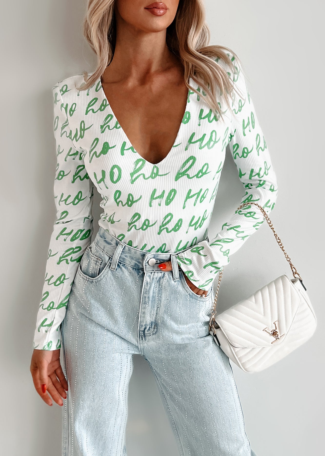 PREORDER Dear Santa TheFormalWear Original Printed V-Neck Bodysuit (White/Green) - Ships by 12/2-The Formal Wear