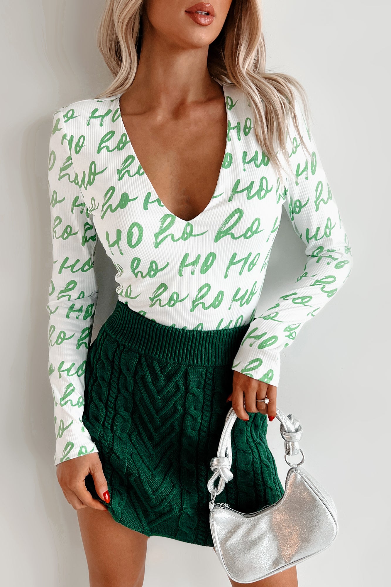 PREORDER Dear Santa TheFormalWear Original Printed V-Neck Bodysuit (White/Green) - Ships by 12/2-The Formal Wear