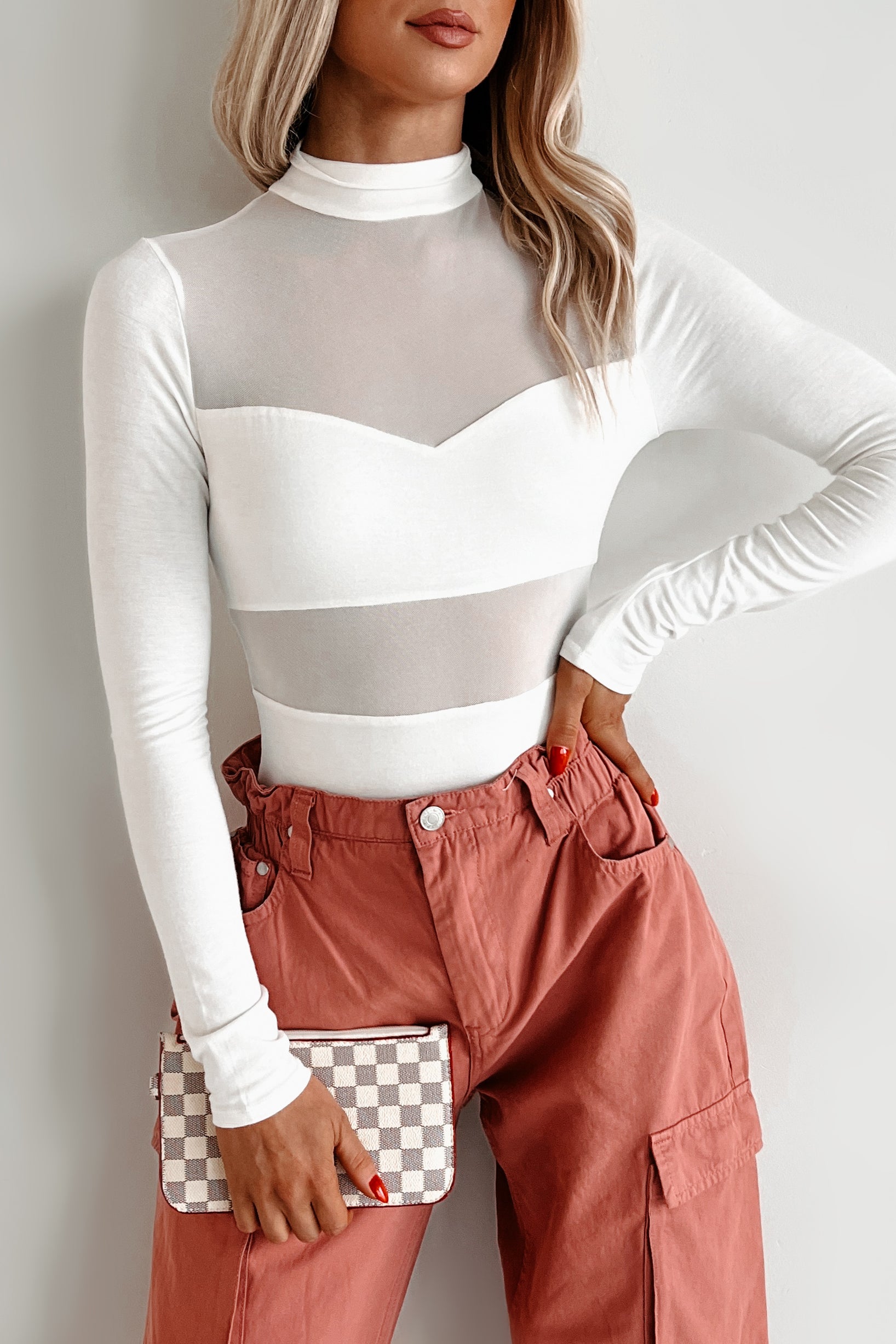 Sultry Persona Mock Neck Mesh Detail Bodysuit (Ivory)-The Formal Wear