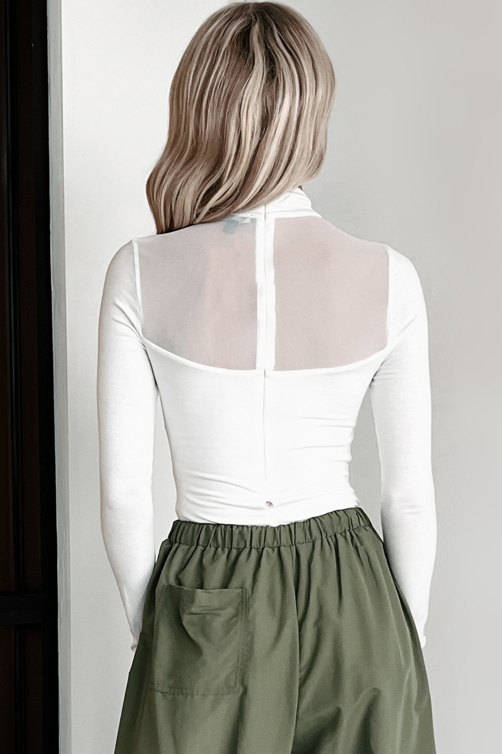 Sultry Persona Mock Neck Mesh Detail Bodysuit (Ivory)-The Formal Wear