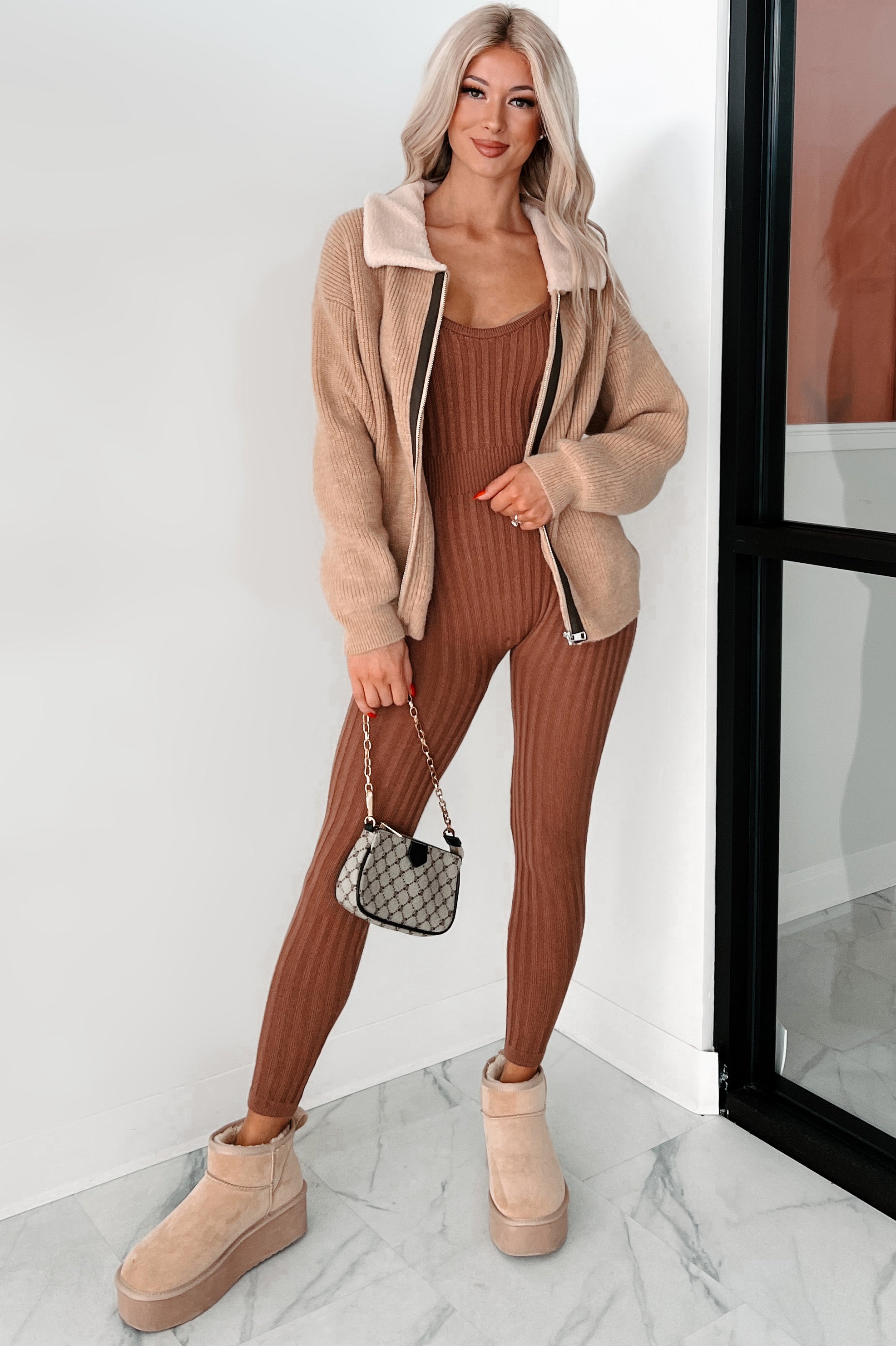 Cappuccino Cozy Sherpa Collar Sweater Jacket (Taupe)-The Formal Wear