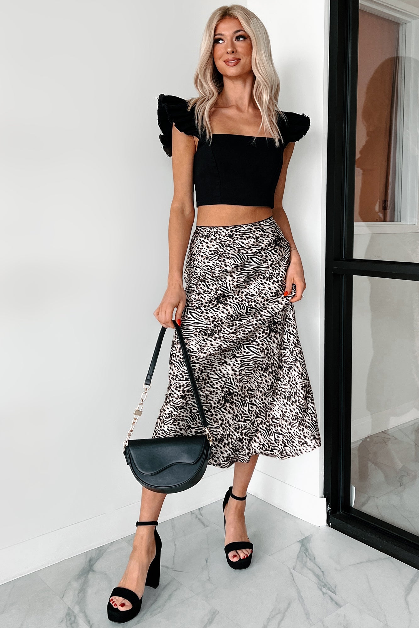 Summer Ready Ruffle Sleeve Denim Crop Top (Black)-The Formal Wear