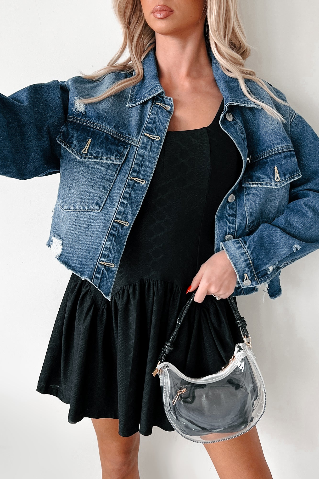 Everywhere I Go Distressed Denim Jacket (Medium Denim)-The Formal Wear