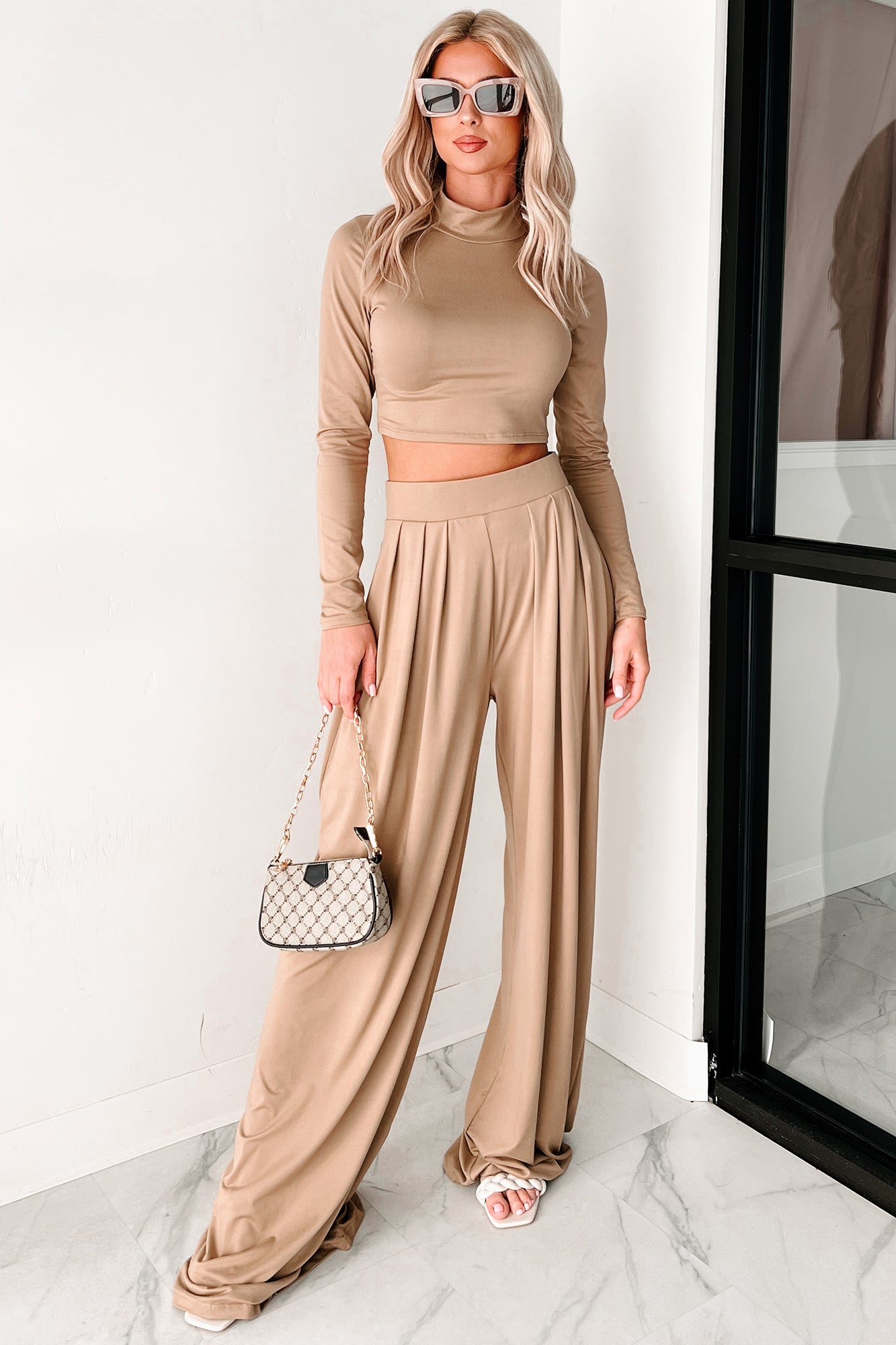 Faded Dreams Long Sleeve Crop Top & Pant Set (Khaki Dark)-The Formal Wear