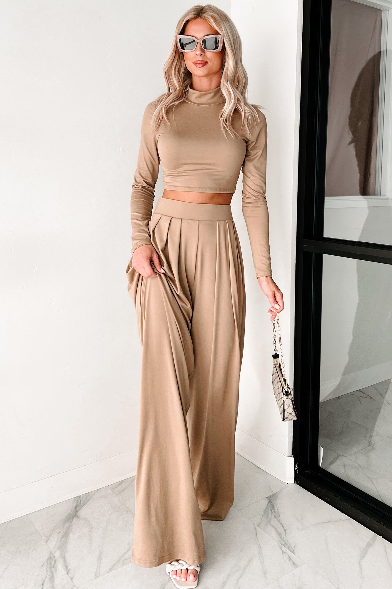 Faded Dreams Long Sleeve Crop Top & Pant Set (Khaki Dark)-The Formal Wear