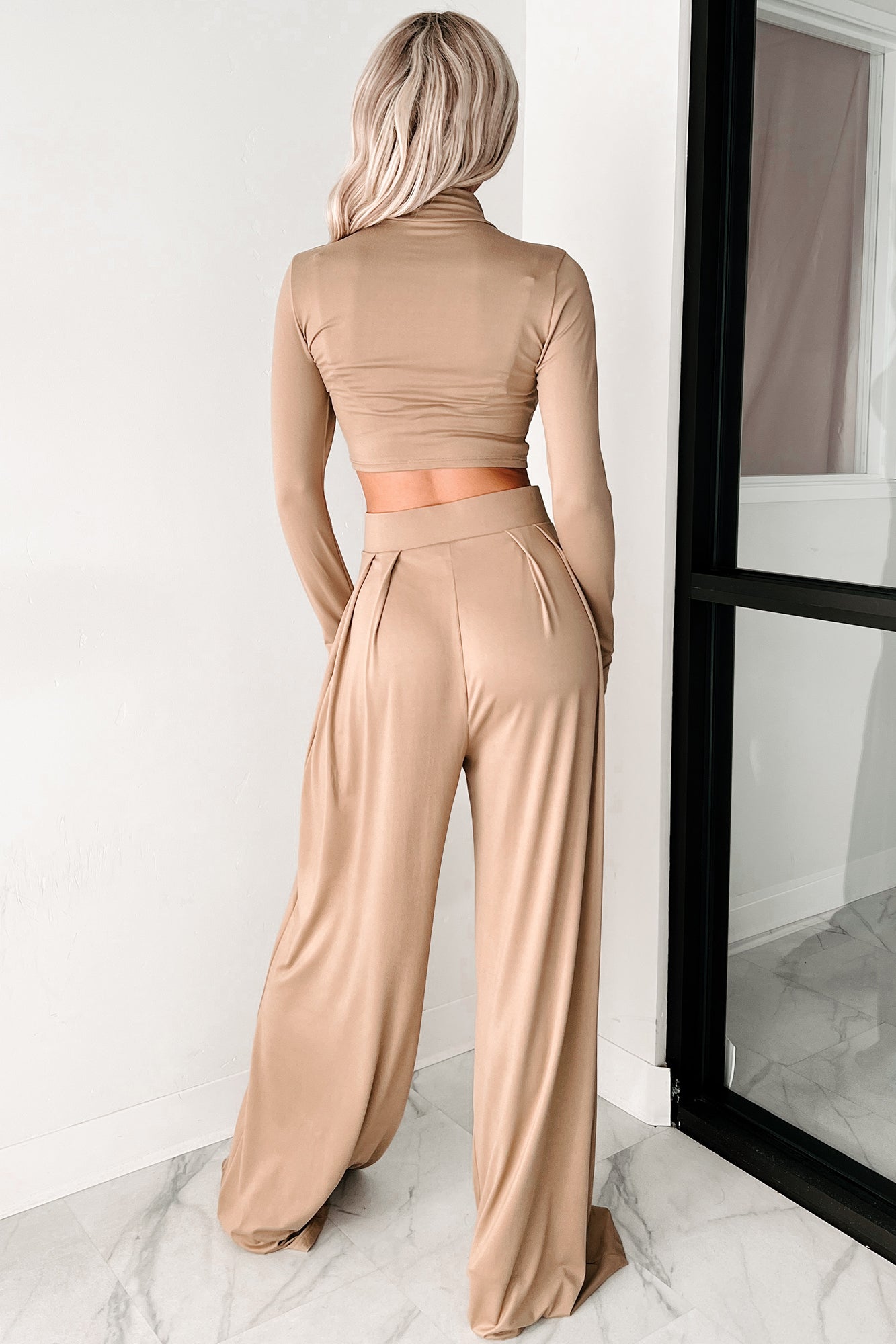 Faded Dreams Long Sleeve Crop Top & Pant Set (Khaki Dark)-The Formal Wear
