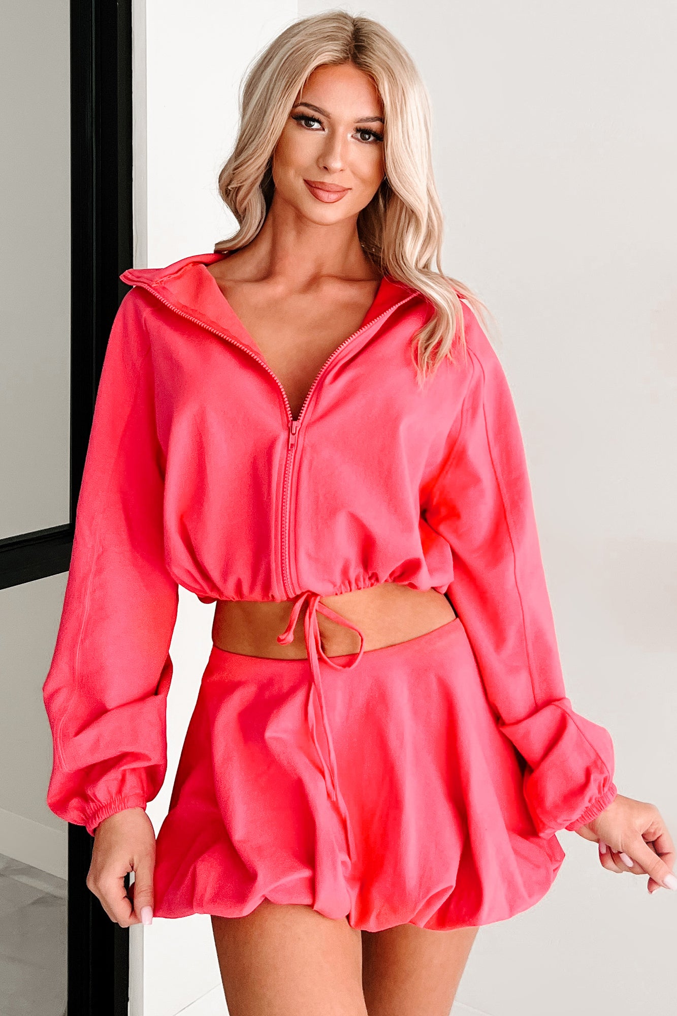 Relax, Recharge, Repeat Two-Piece Puff Skirt Set (Coral)-The Formal Wear