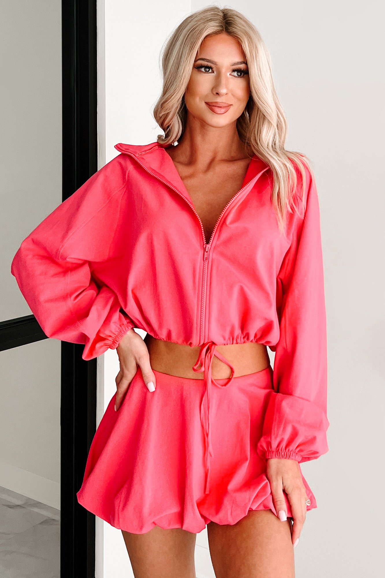 Relax, Recharge, Repeat Two-Piece Puff Skirt Set (Coral)-The Formal Wear