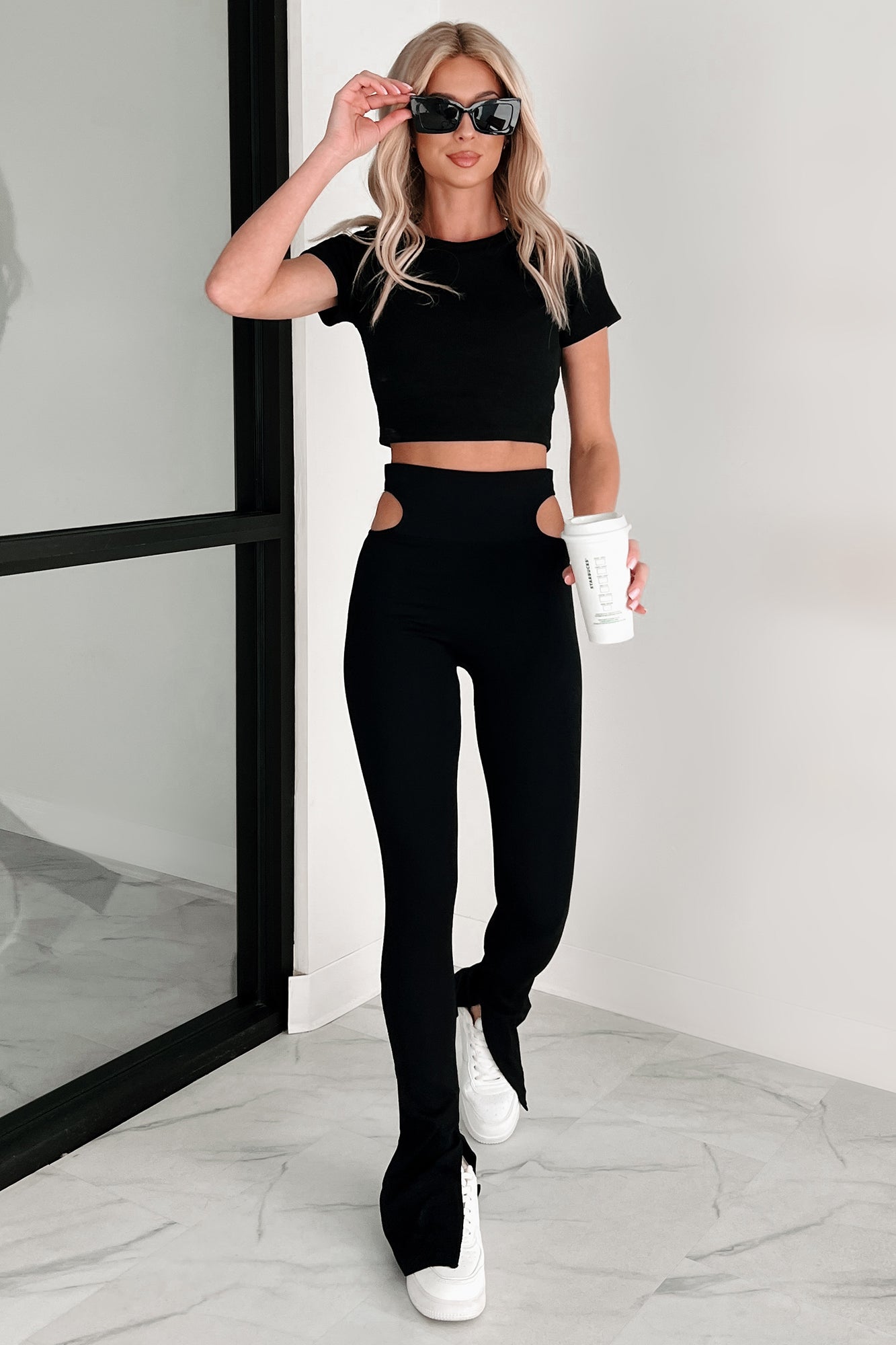 Sneak A Peek Hips Flare Leggings (Black)-The Formal Wear