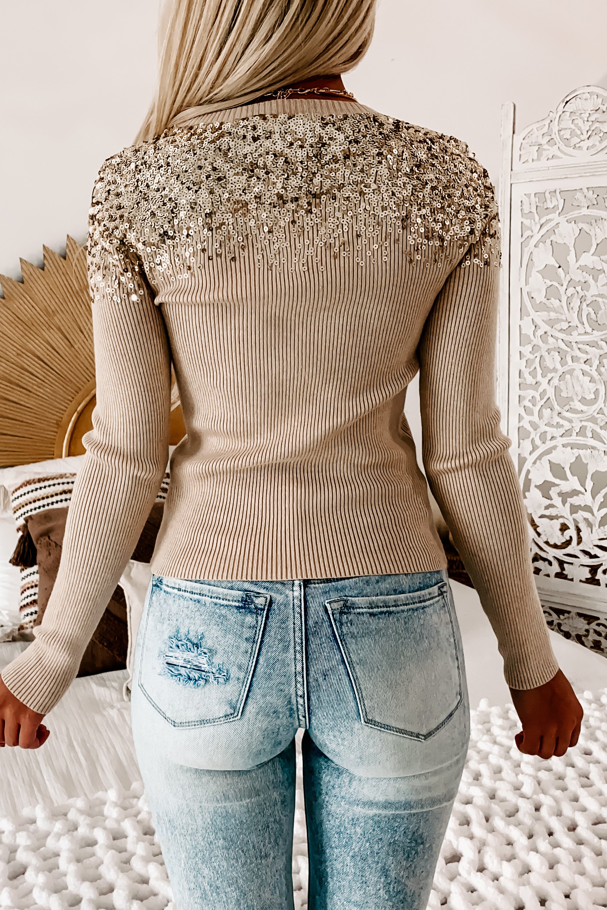 Shiny Lights Sequin Sweater (Taupe)-The Formal Wear