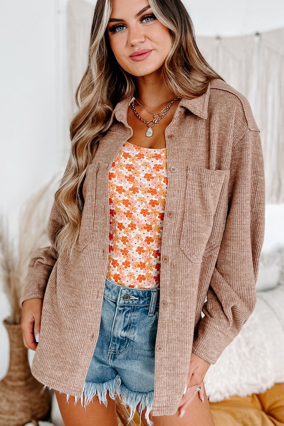 Brilliant Basic Ribbed Fleece Shacket (Mocha)-The Formal Wear