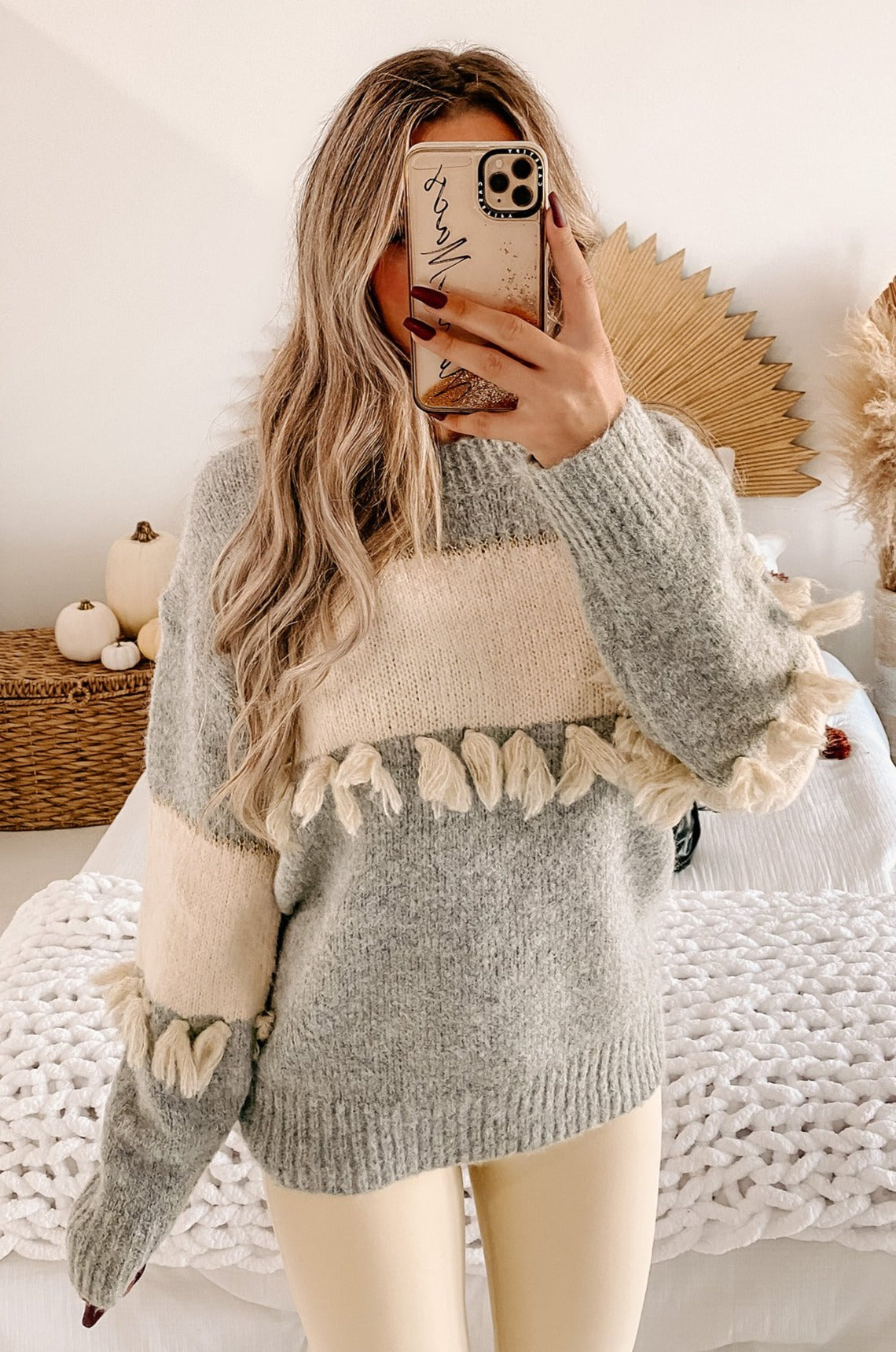 Seasonal Shift Tassel Trimmed Sweater (Heather Grey/Cream)-The Formal Wear