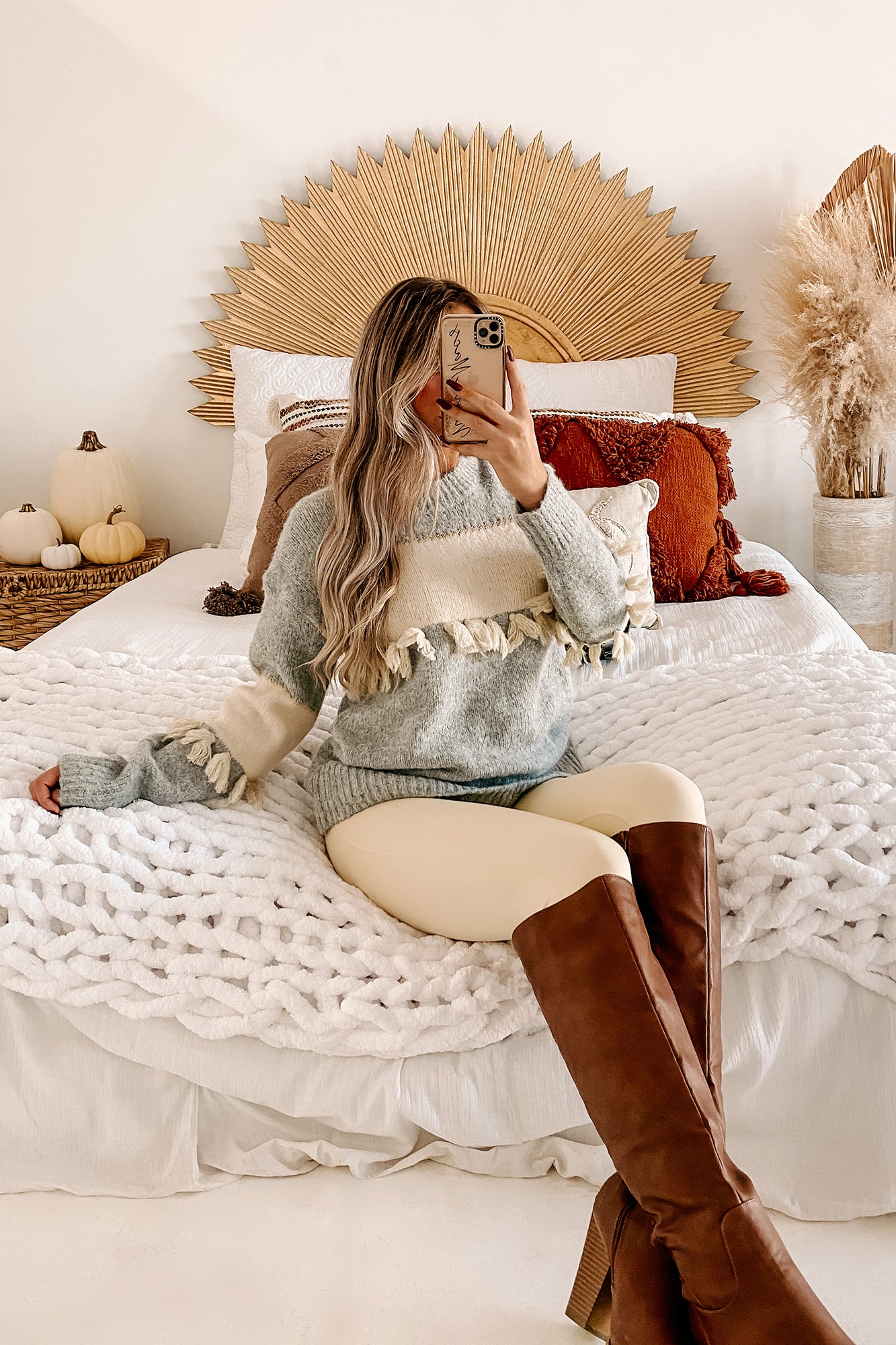 Seasonal Shift Tassel Trimmed Sweater (Heather Grey/Cream)-The Formal Wear