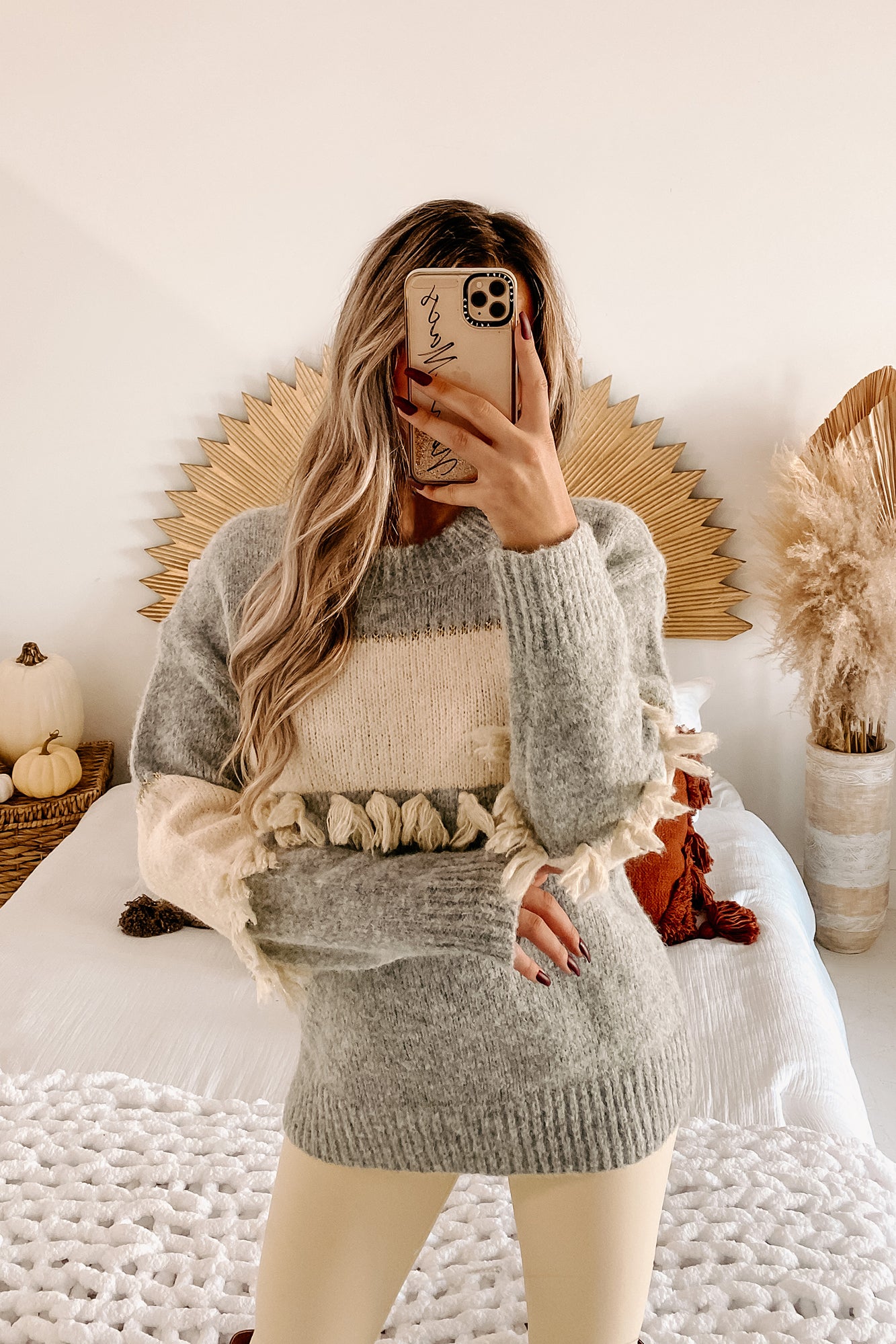Seasonal Shift Tassel Trimmed Sweater (Heather Grey/Cream)-The Formal Wear