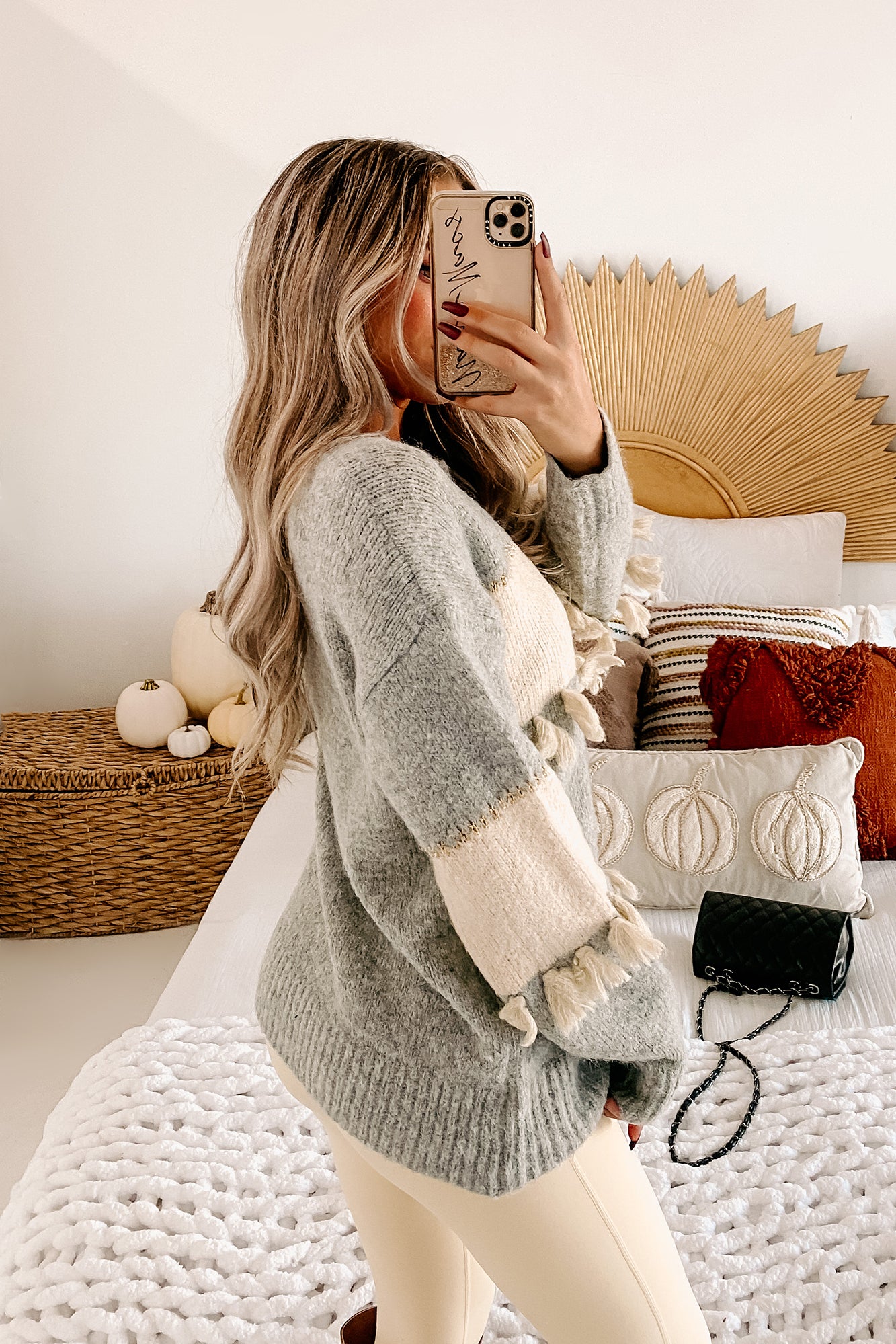 Seasonal Shift Tassel Trimmed Sweater (Heather Grey/Cream)-The Formal Wear